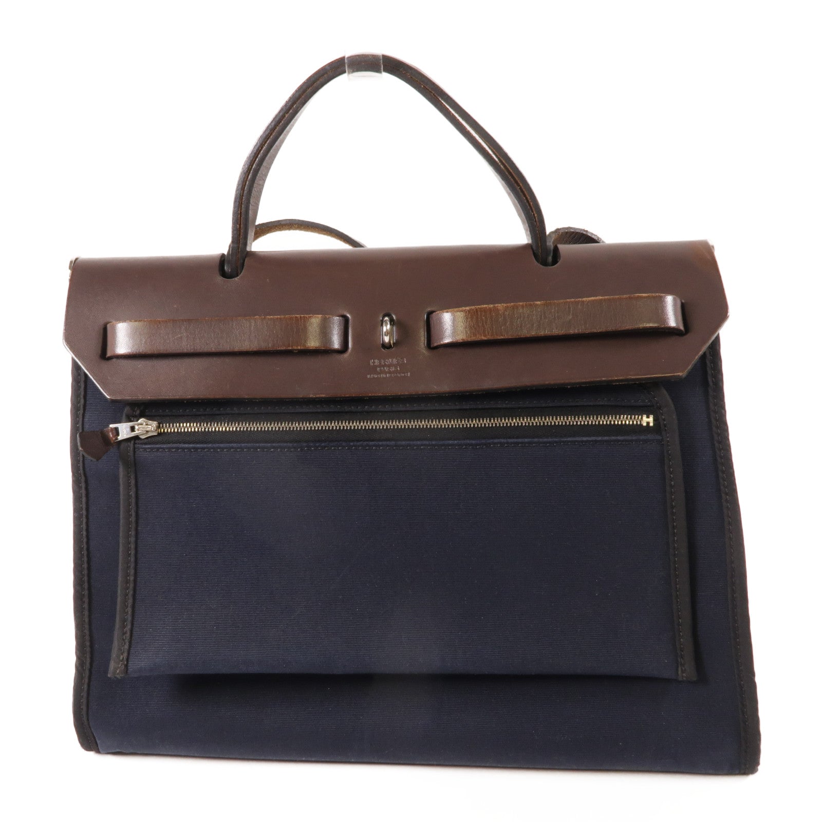 HERMES 帆布Herbag PM銀扣手挽肩背兩用袋藍色