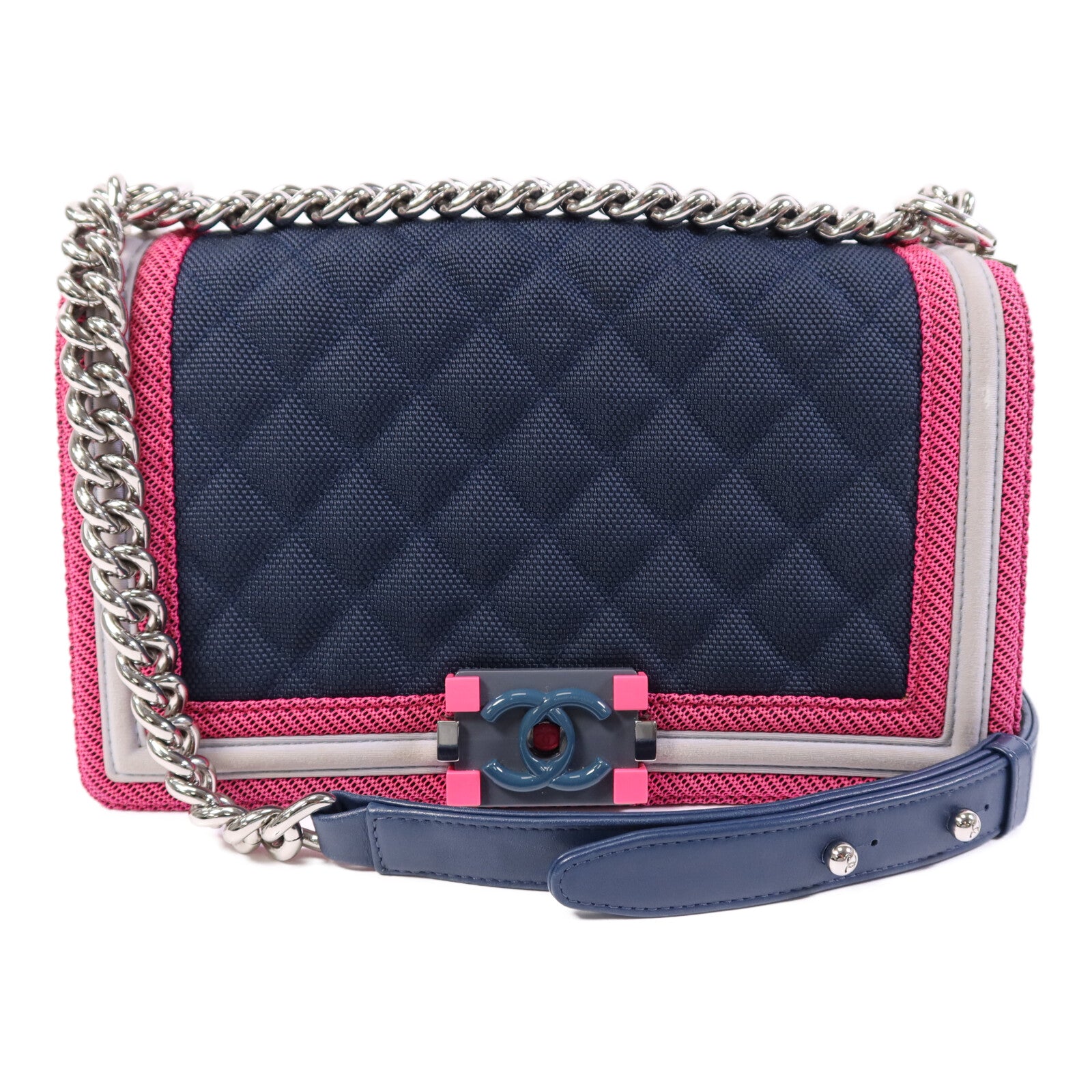 CHANEL 帆布Boy 25銀扣鏈帶肩背袋