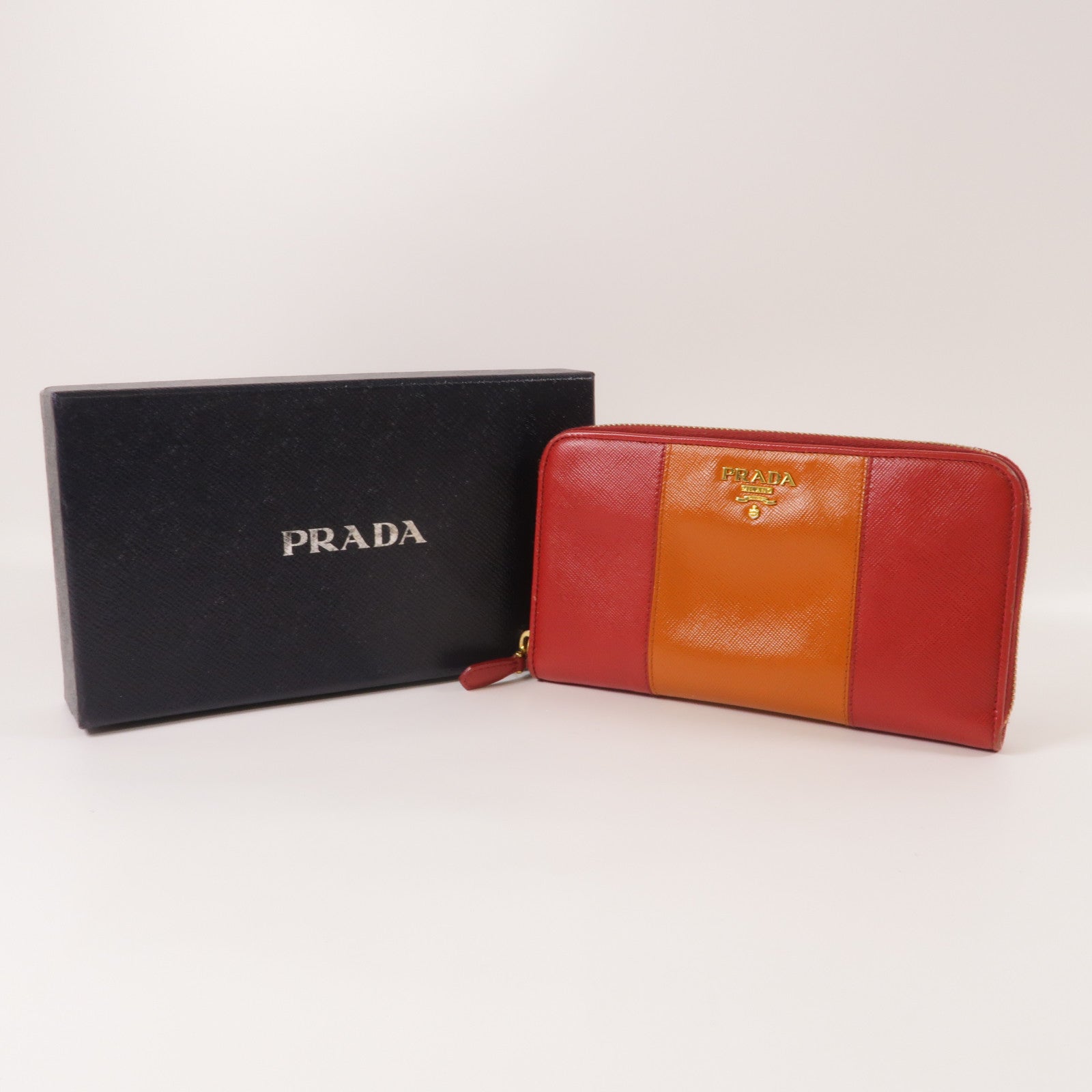 PRADA Saffiano皮革Long Wallet金扣長錢包橙色