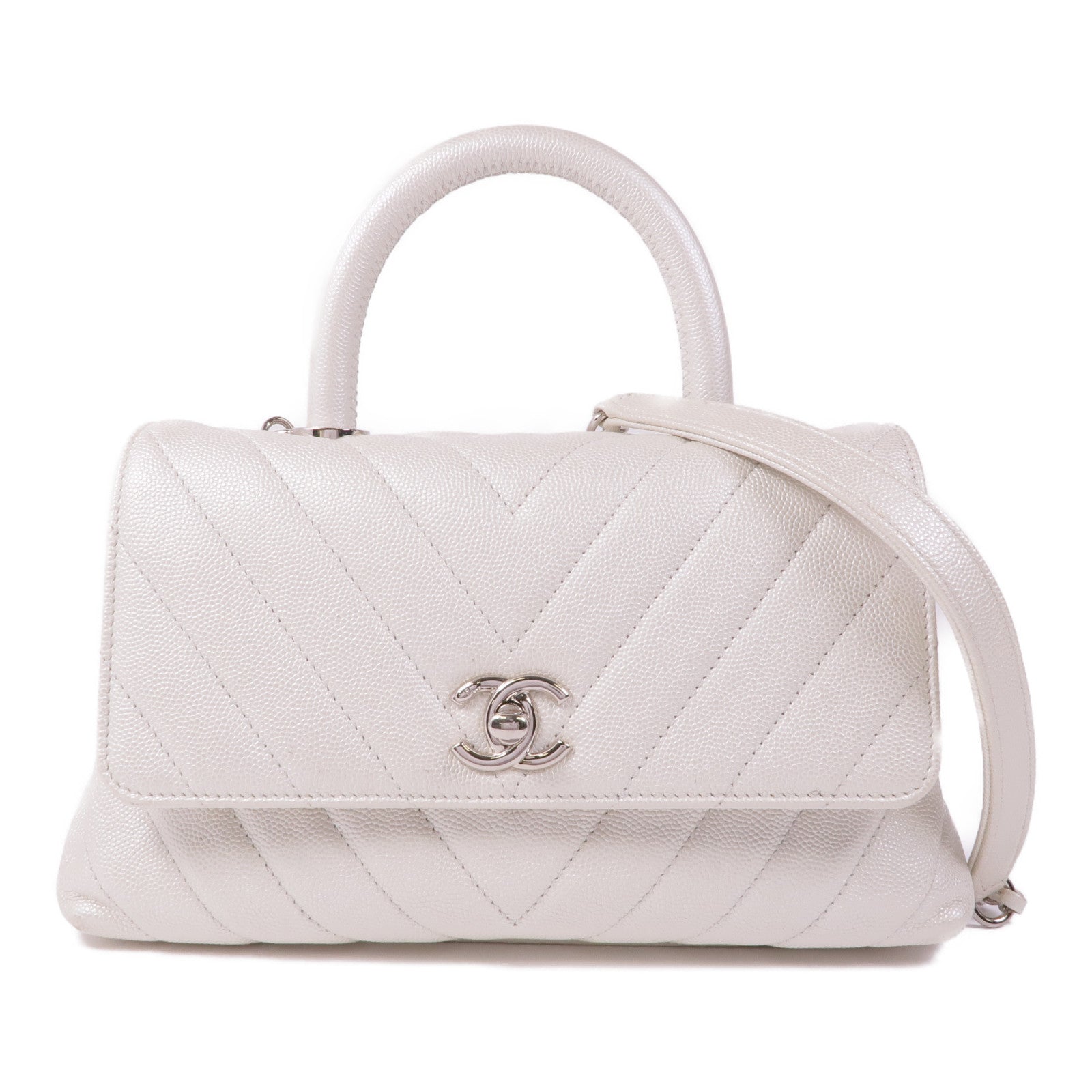 CHANEL 牛皮皮革Coco Handle銀扣鏈帶手挽肩背兩用袋