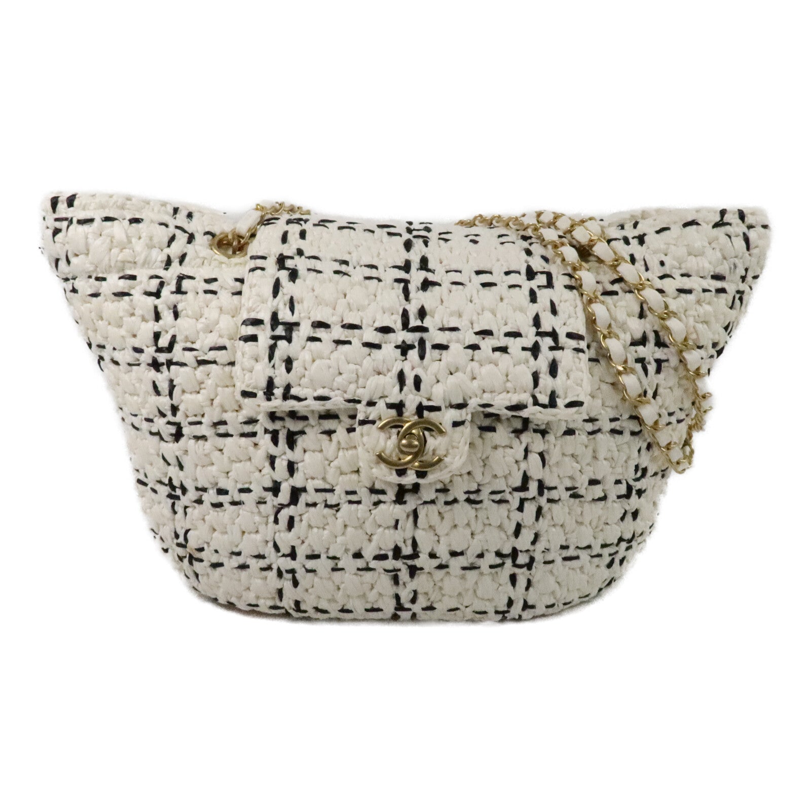 CHANEL 藤料Raffia Effect Tweed Shppping Bag鏈帶手挽袋