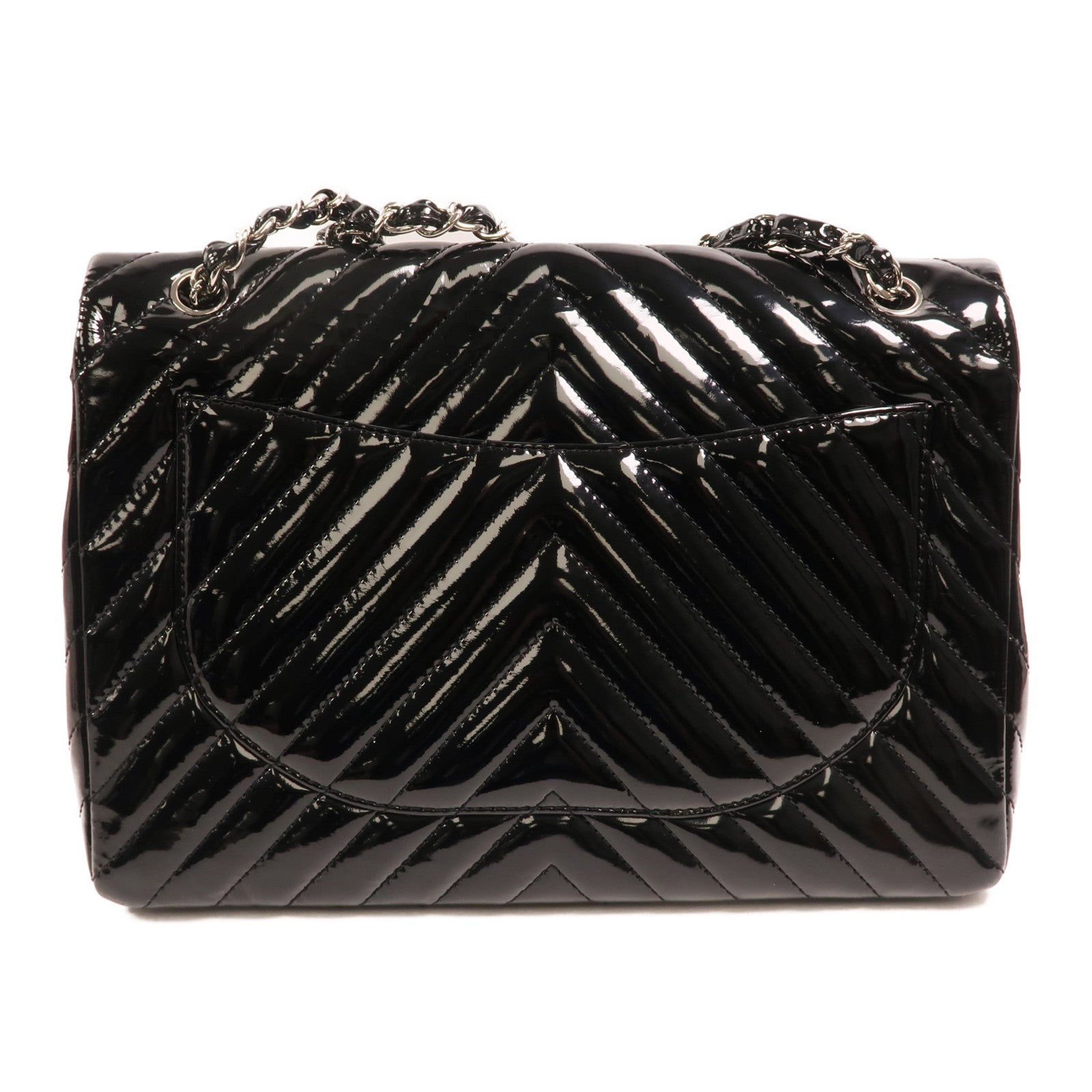 CHANEL 漆皮皮革Maxi Classic銀扣鏈帶肩背袋