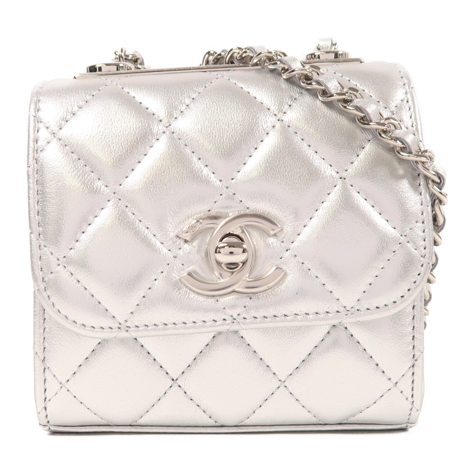 CHANEL 羊皮皮革Micro Trendy CC銀扣鏈帶肩背袋