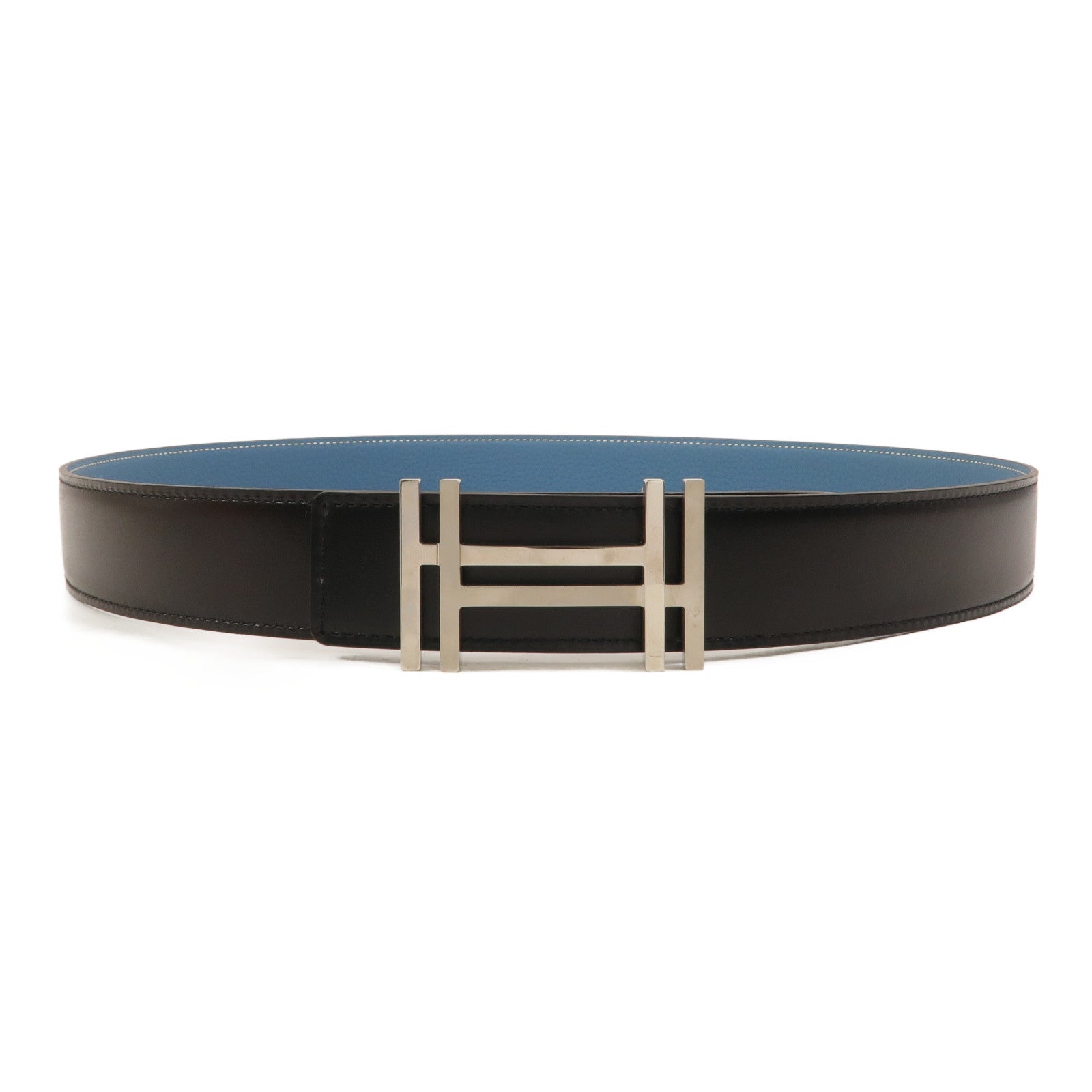 HERMES Togo皮革H Au Carre Belt 90cm皮帶Bleu Azur/Noir