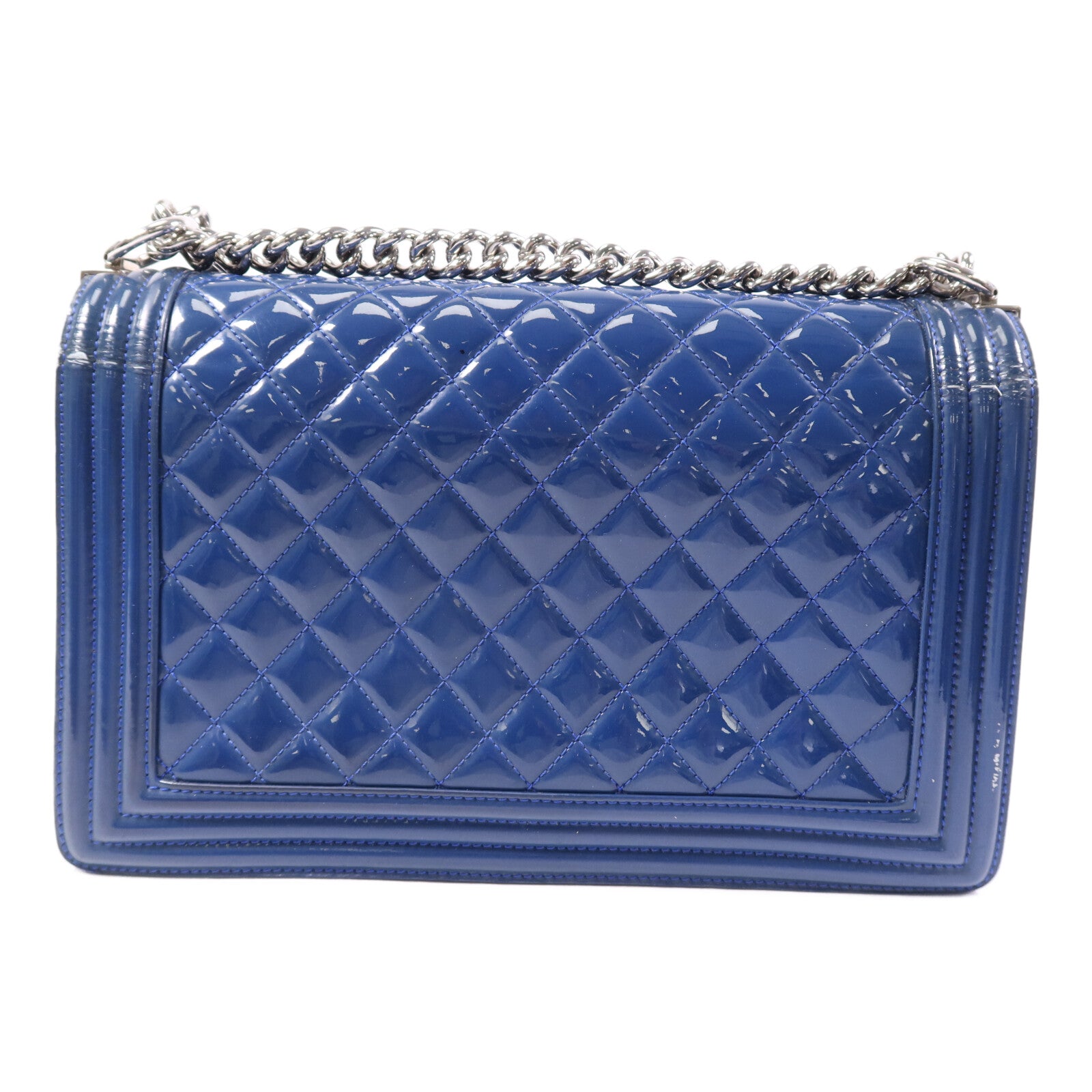 CHANEL 漆皮皮革Boy 28銀扣鏈帶肩背袋