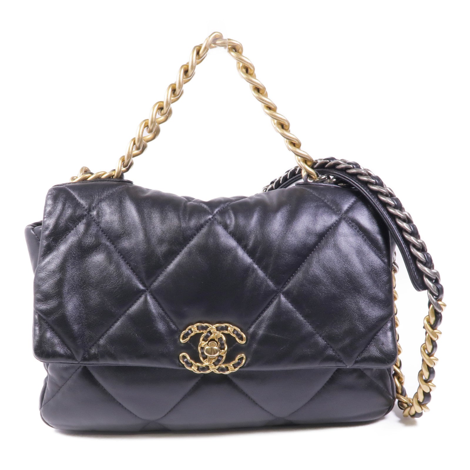 CHANEL 羊皮皮革Chanel 19金扣/銀扣手挽肩背兩用袋