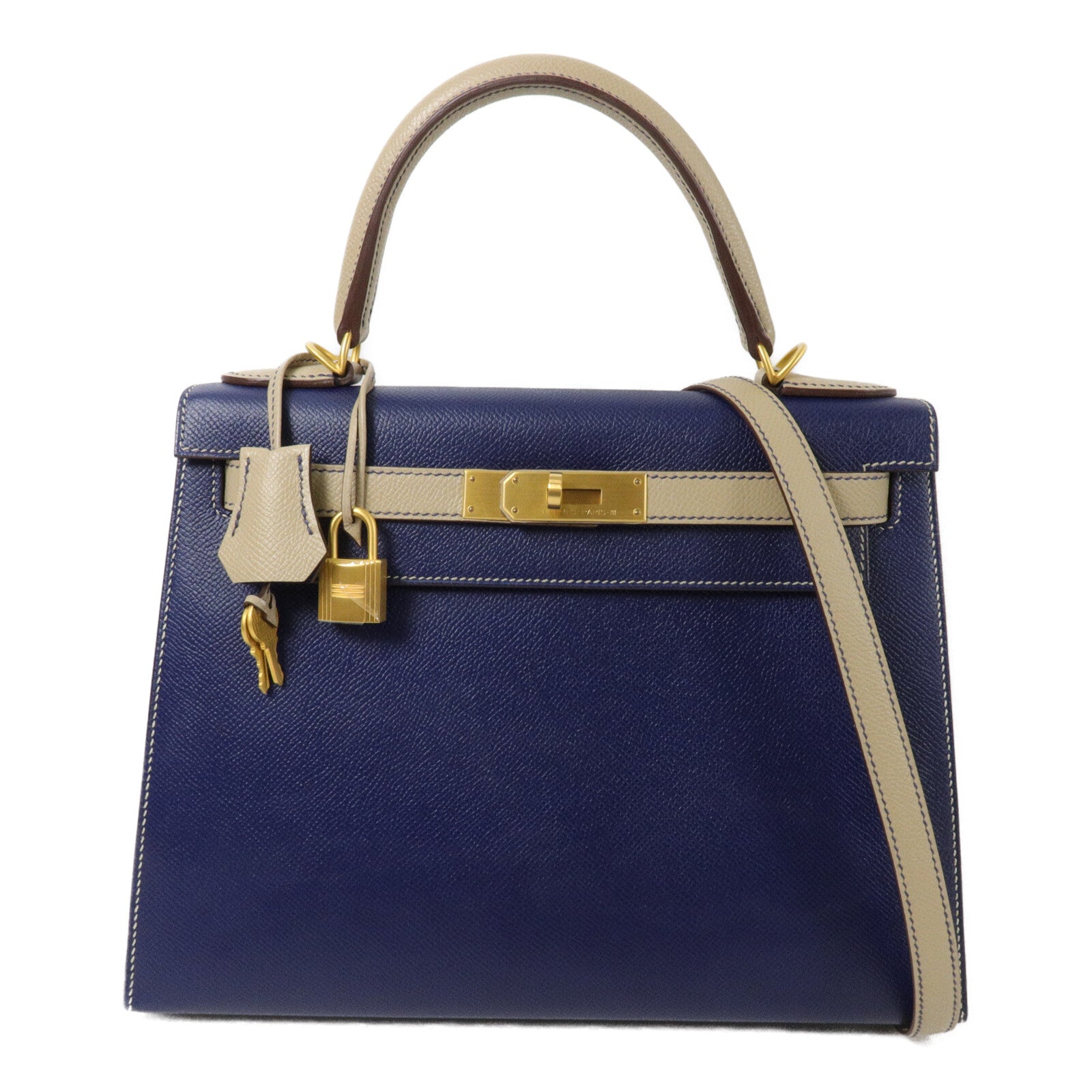HERMES Epsom皮革Kelly 28手挽肩背兩用袋Blue Sapphire/Trench