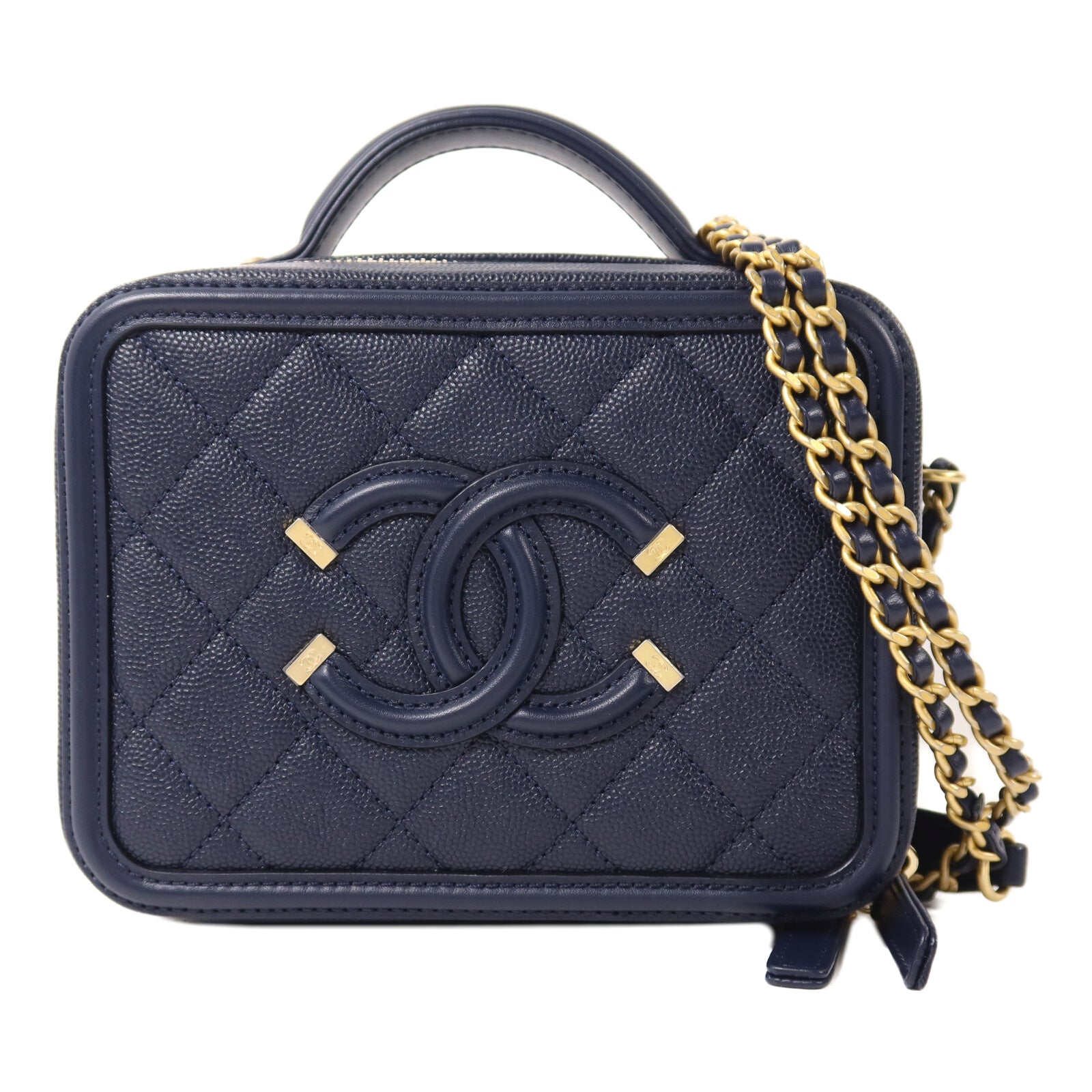 CHANEL 牛皮皮革Vanity Case金扣鏈帶手挽肩背兩用袋