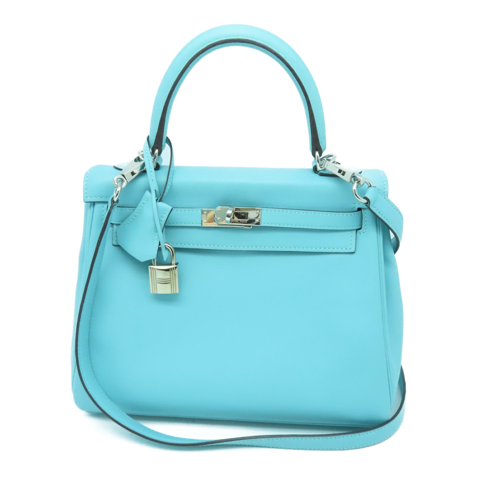 HERMES Swift Leather Kelly 25 SOP Silver Buckle Handle Bag Bleu Atoll Light  Blue