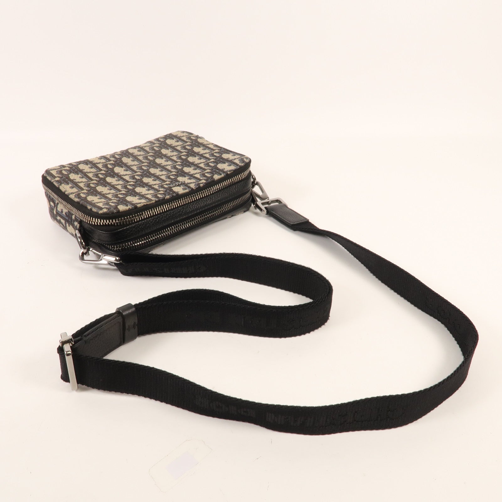 Dior Oblique帆布Zipper Pouch With Strap銀扣肩背袋