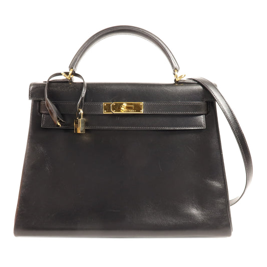 HERMES Box Calf皮革Kelly 32金扣手挽肩背兩用袋Noir