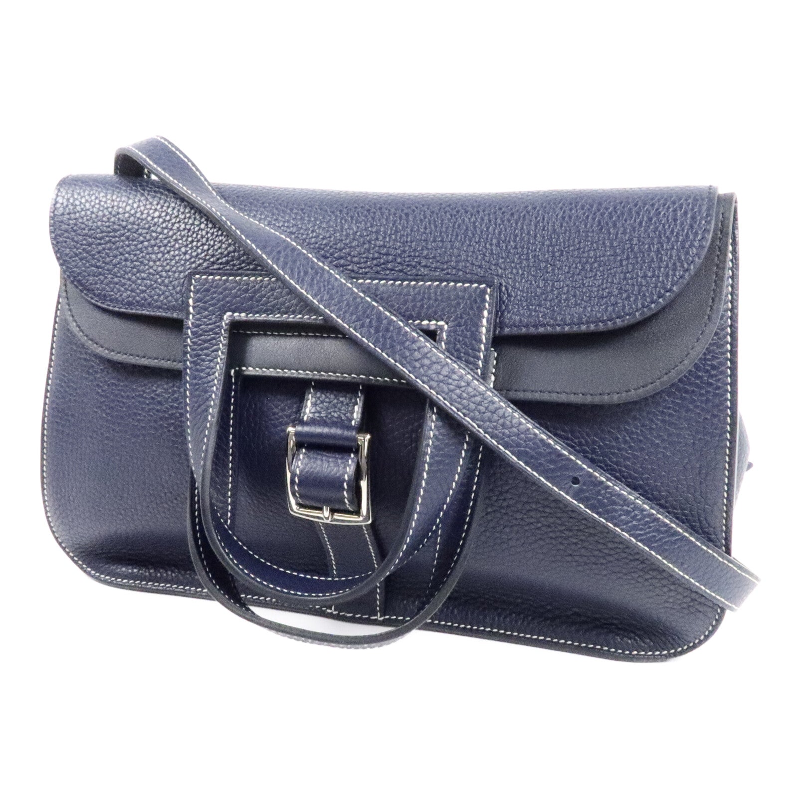 HERMES Clemence/Swift皮革Halzan 31手挽肩背兩用袋Bleu Nuit/Noir