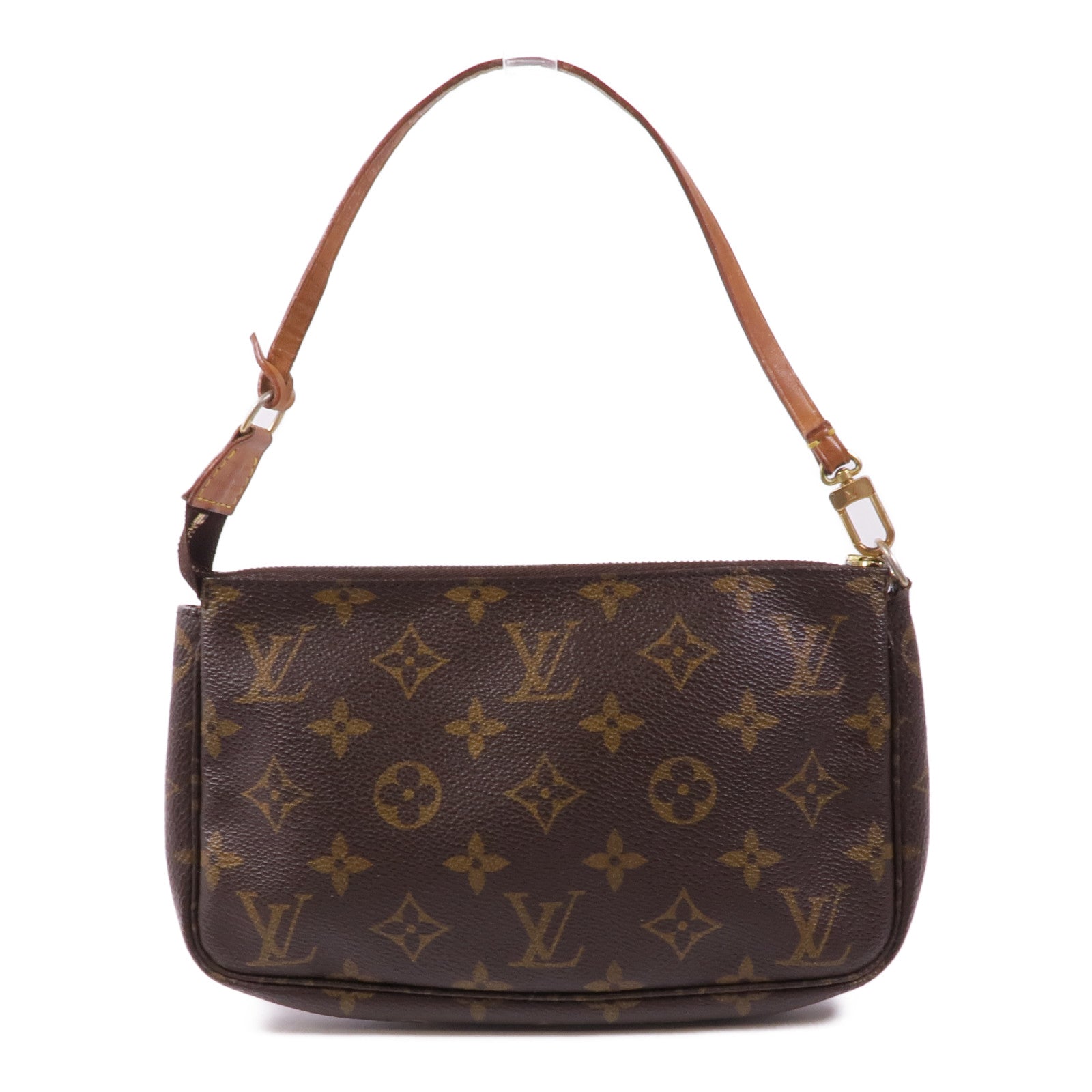 LOUIS VUITTON Monogram Pochette Accessoires金扣手挽袋棕色