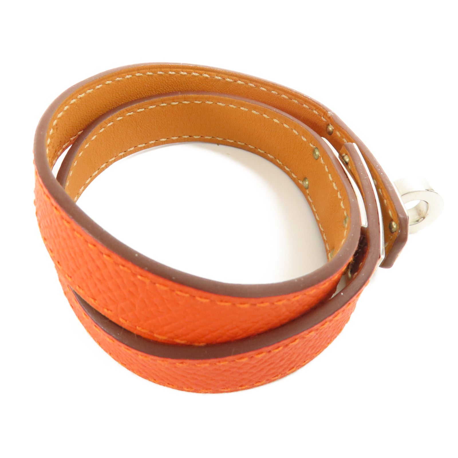 HERMES 牛皮皮革Kelly Double Tour銀扣手帶Feu