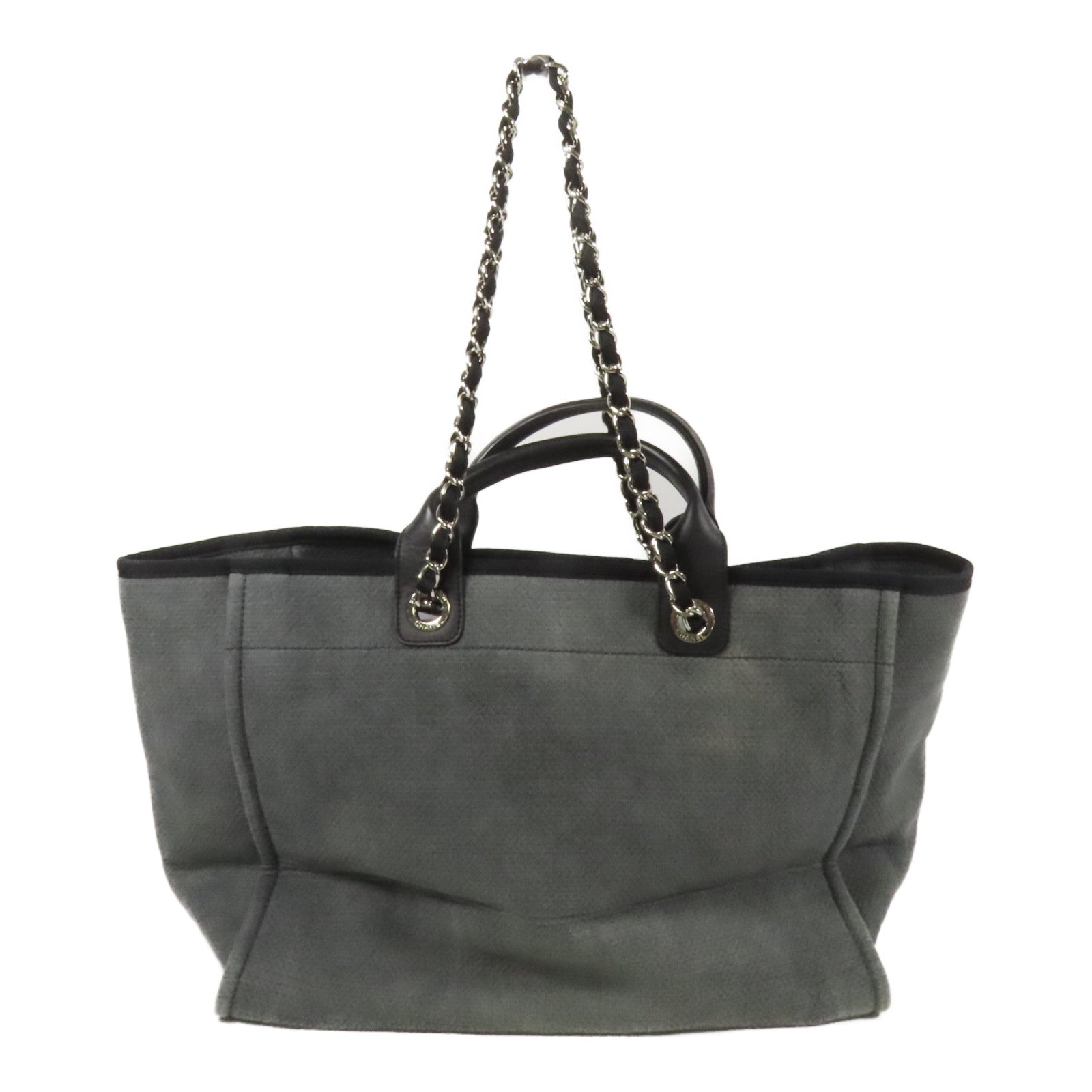 CHANEL 帆布Deauville Tote銀扣鏈帶手挽肩背兩用袋