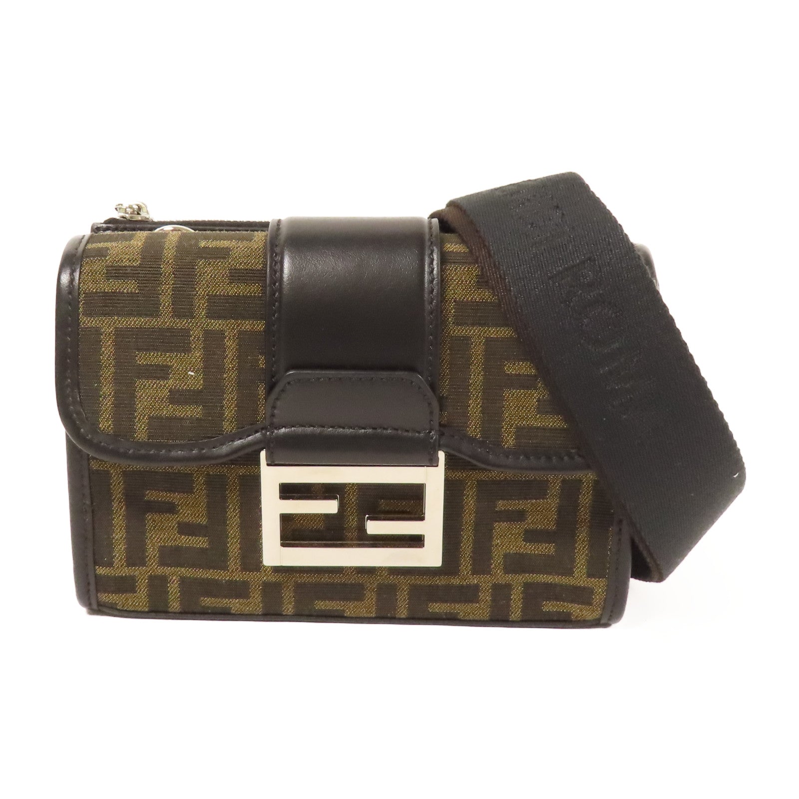 FENDI 帆布Double Baguette銀扣肩背袋棕色