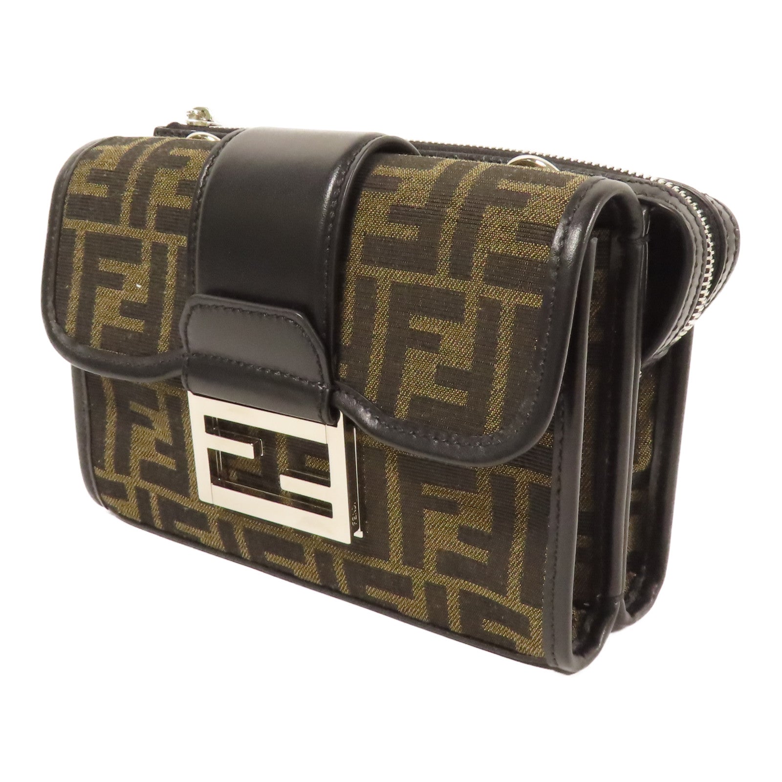 FENDI 帆布Double Baguette銀扣肩背袋棕色