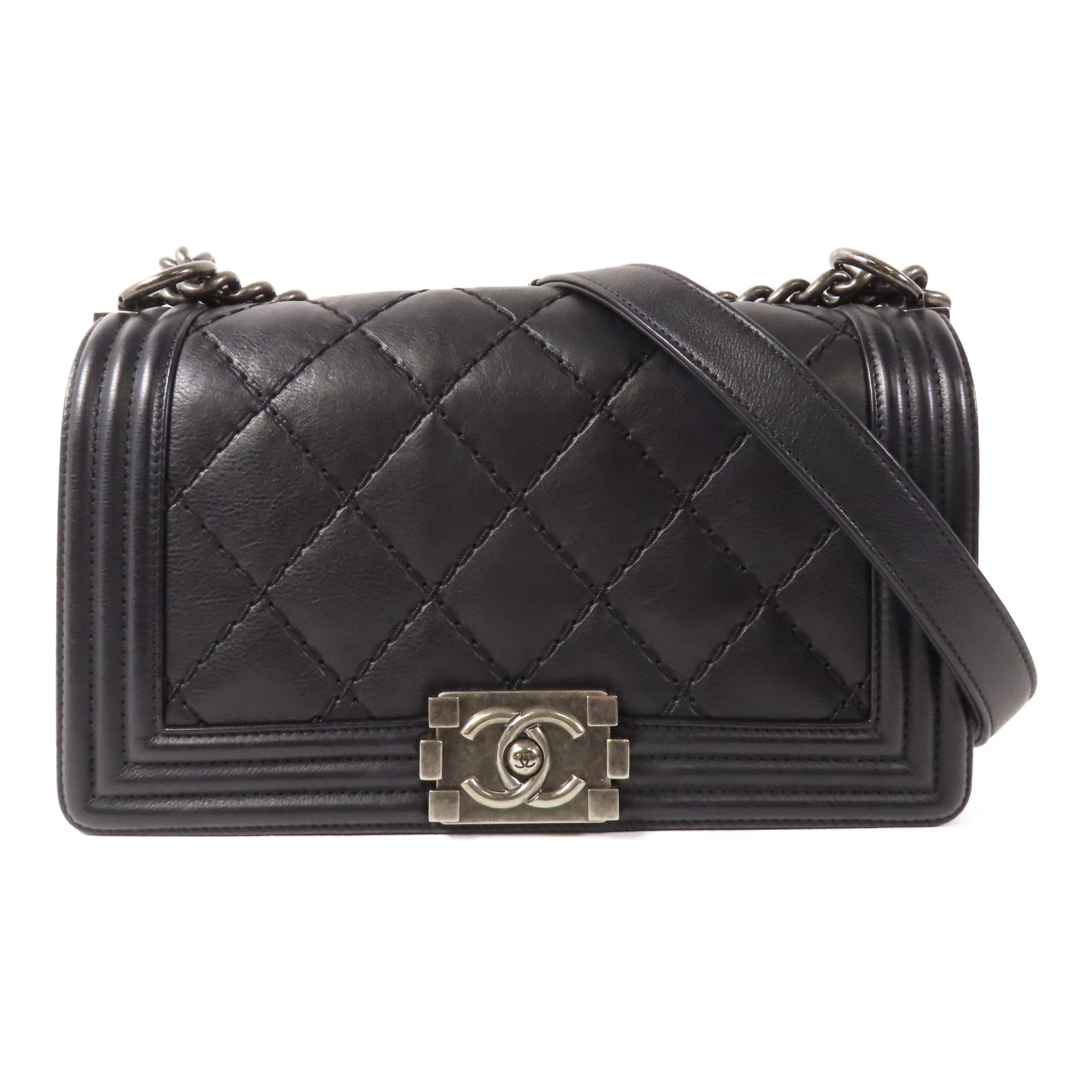 CHANEL CC Boy 25 Chain Shoulder Bag Calfskin Leather Black