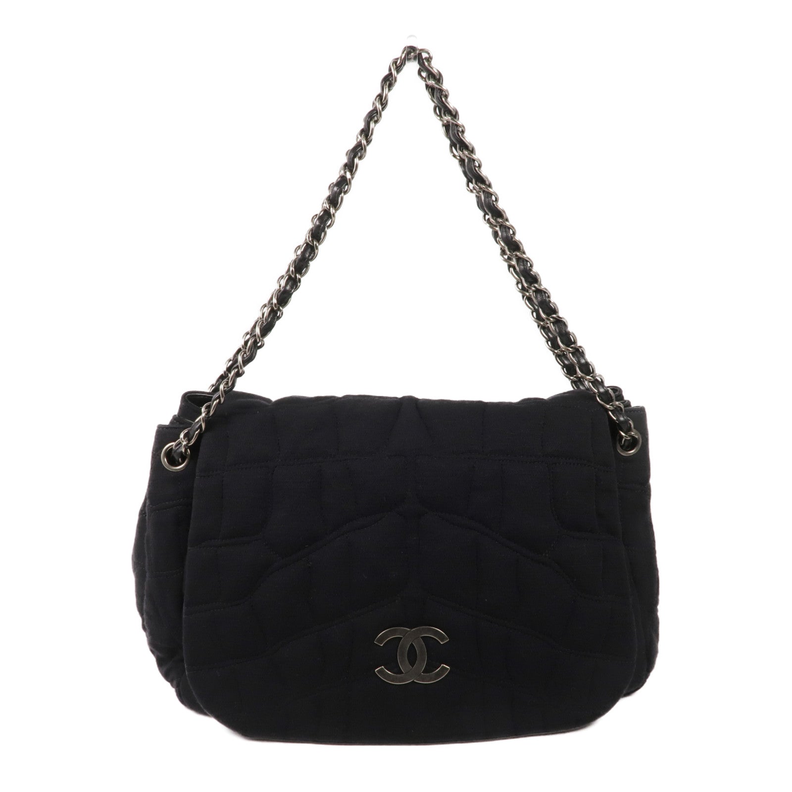 CHANEL 布料/皮革Chain Shoulder銀扣鏈帶肩背袋
