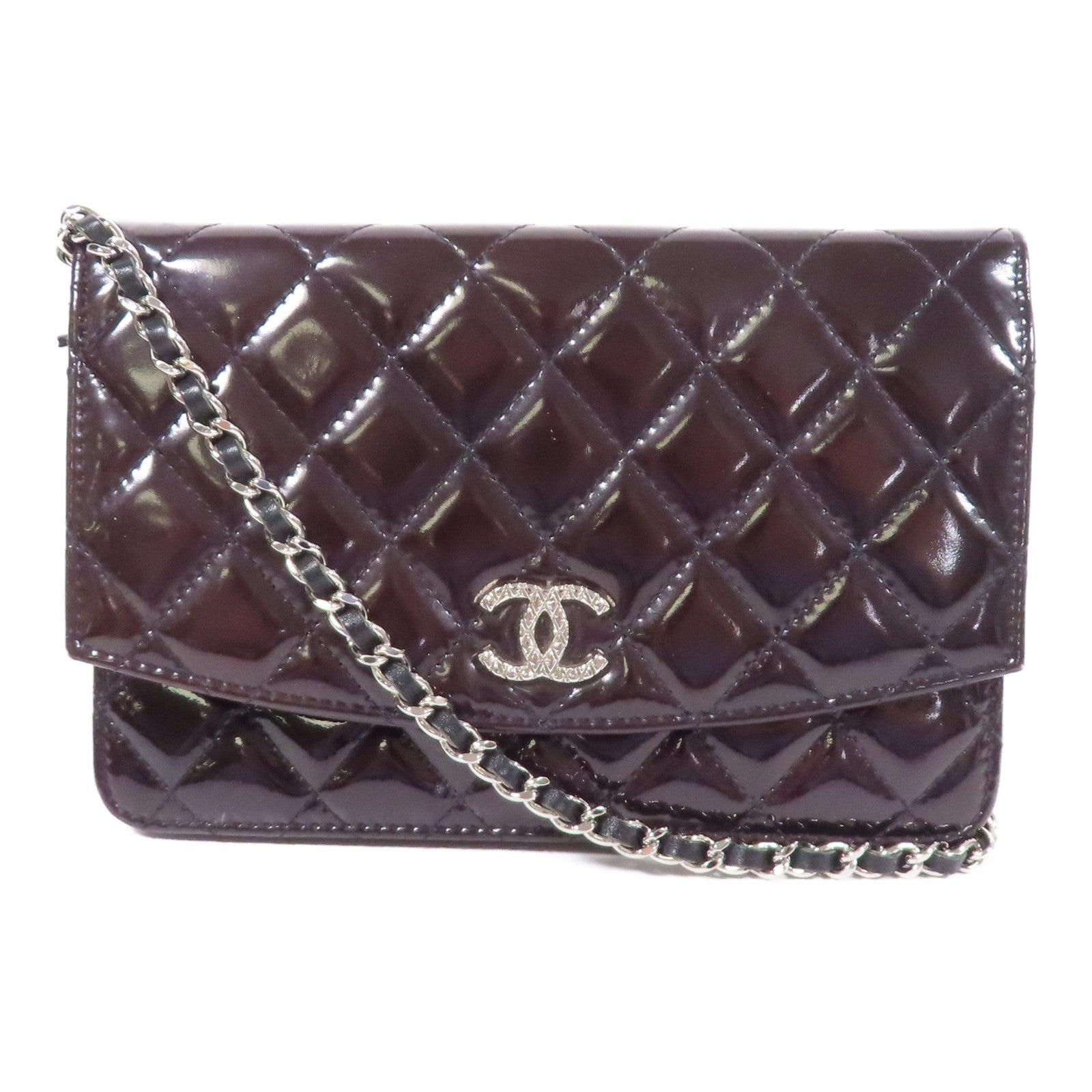 CHANEL 漆皮皮革WOC Wallet On Chain銀扣鏈帶肩背袋
