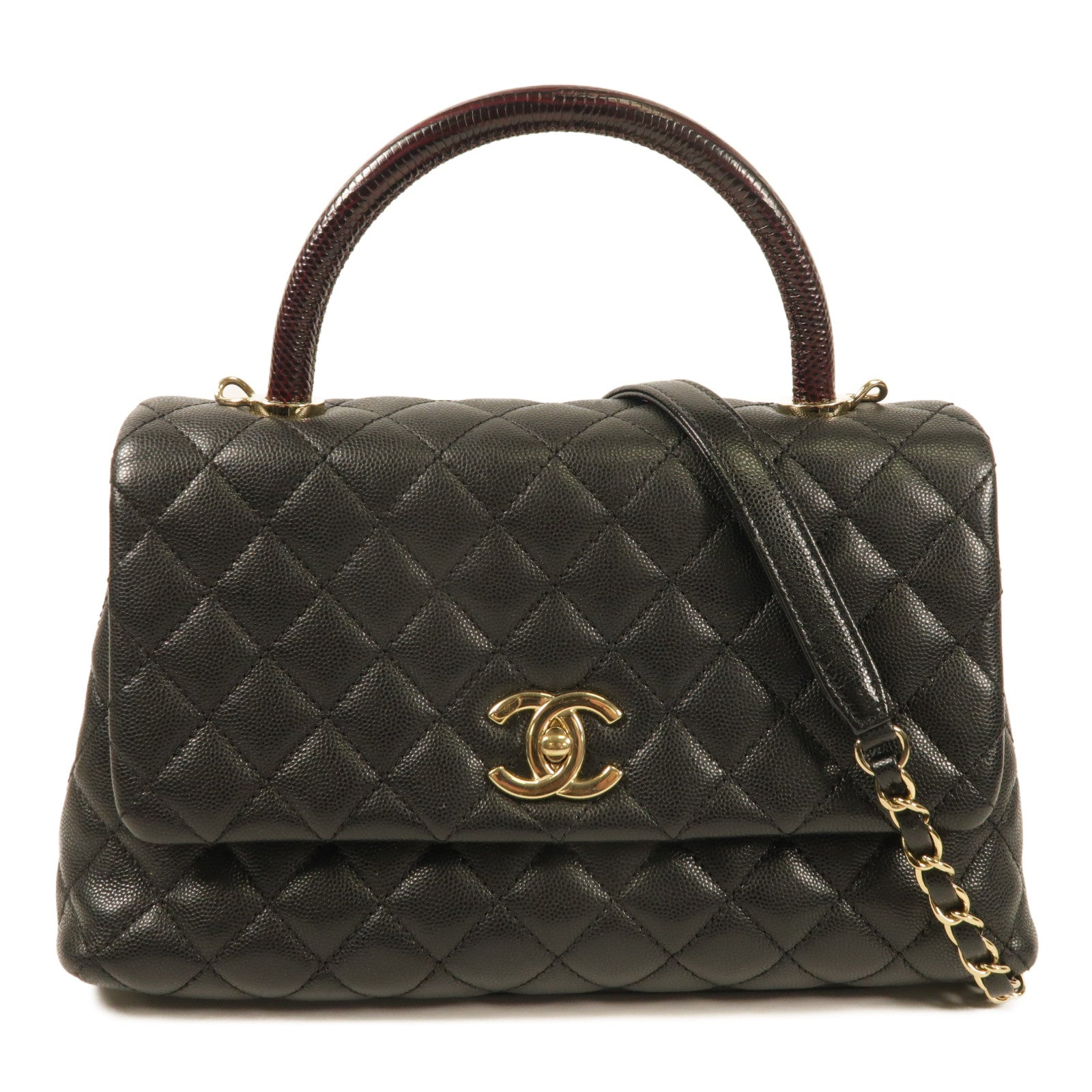 CHANEL 牛皮皮革Coco Handle Medium金扣鏈帶手挽肩背兩用袋