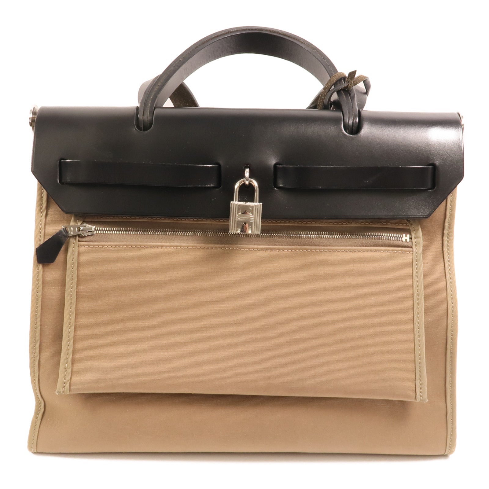HERMES 帆布Herbag PM銀扣手挽肩背兩用袋Etoupe