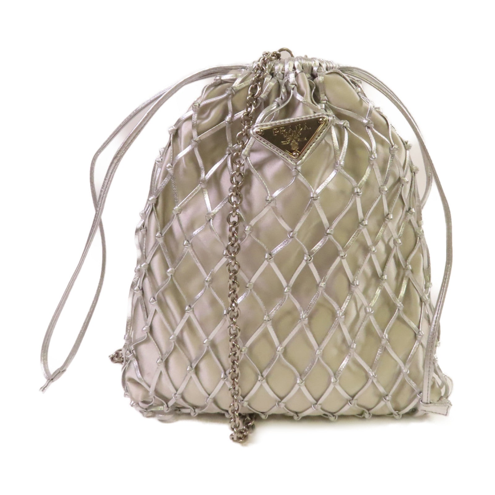 PRADA 緞製/網格Mesh Chain Shoulder Bag鏈帶肩背袋銀色