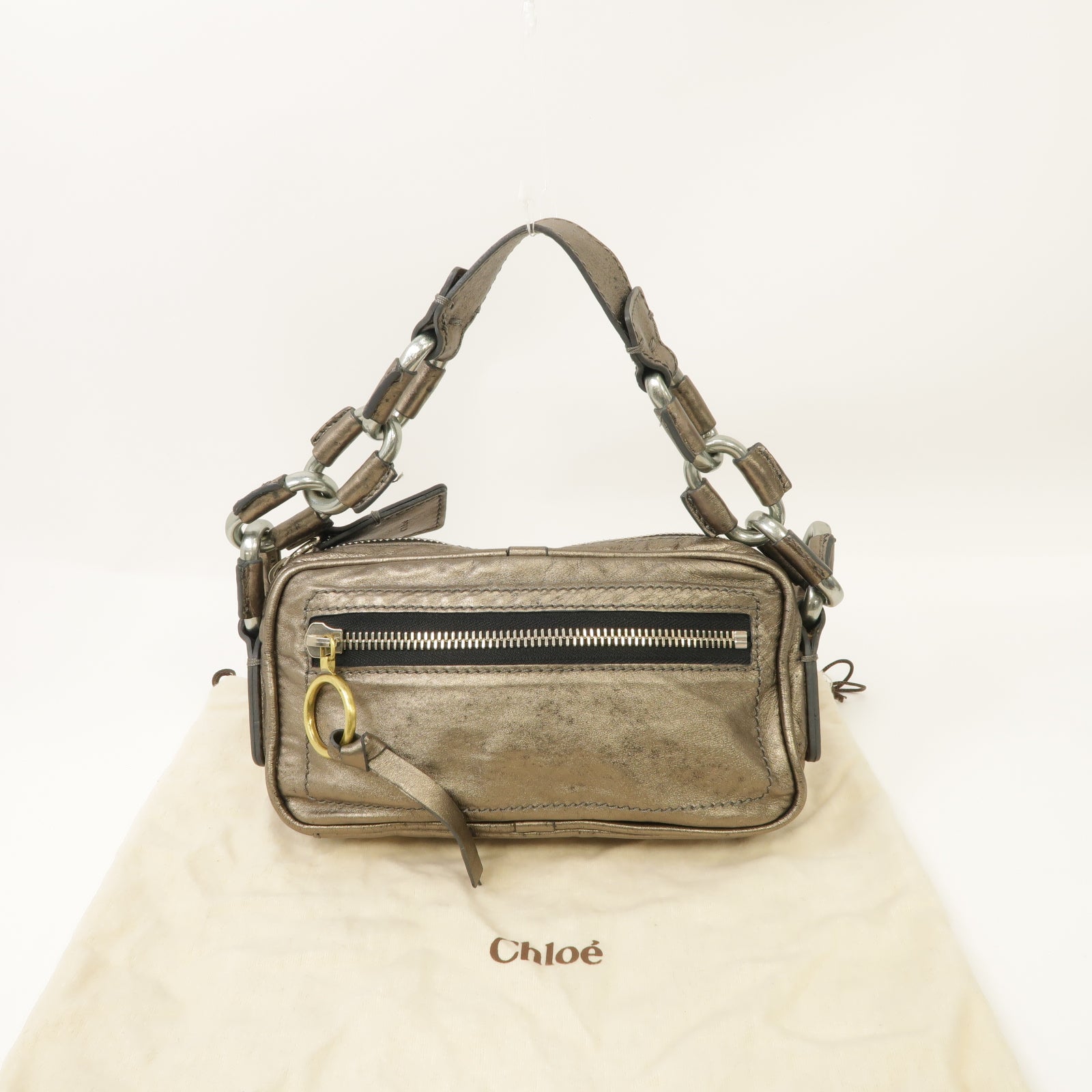 Chloe 【激減優惠】牛皮皮革Handbag銀扣手挽袋青銅色