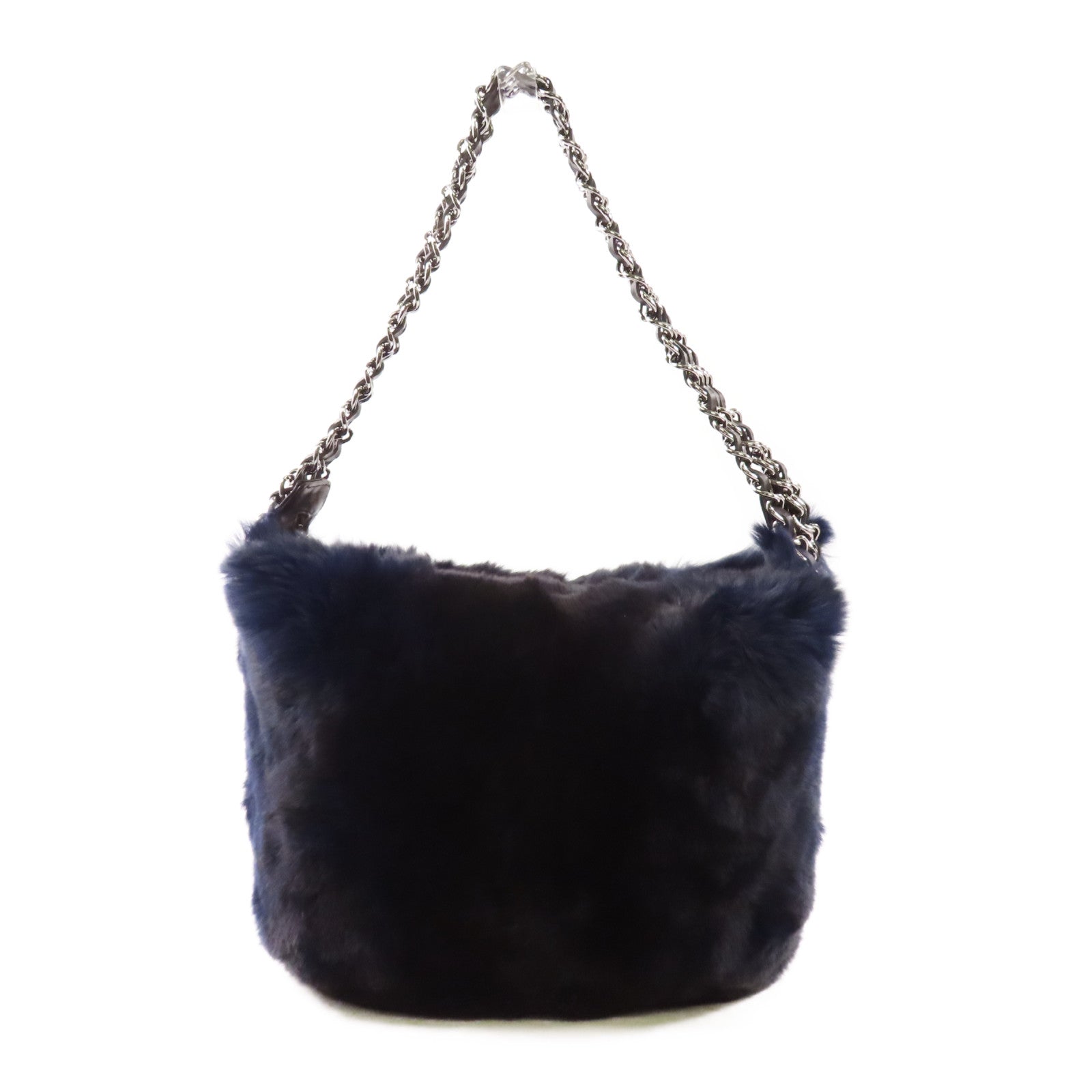 CHANEL 兔毛Chain Shoulder銀扣鏈帶肩背袋