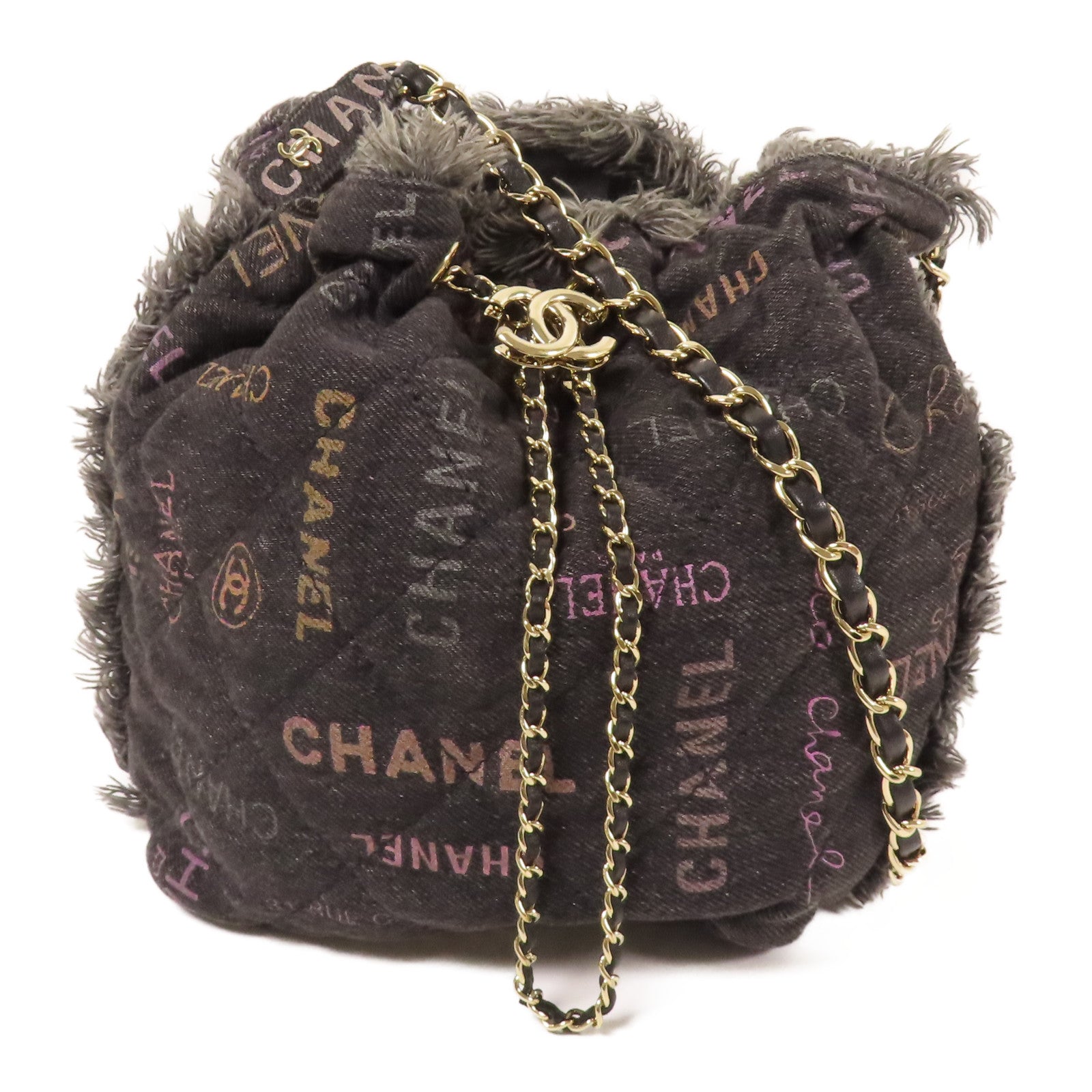 CHANEL 牛仔布Bucket Bag銀扣鏈帶肩背袋