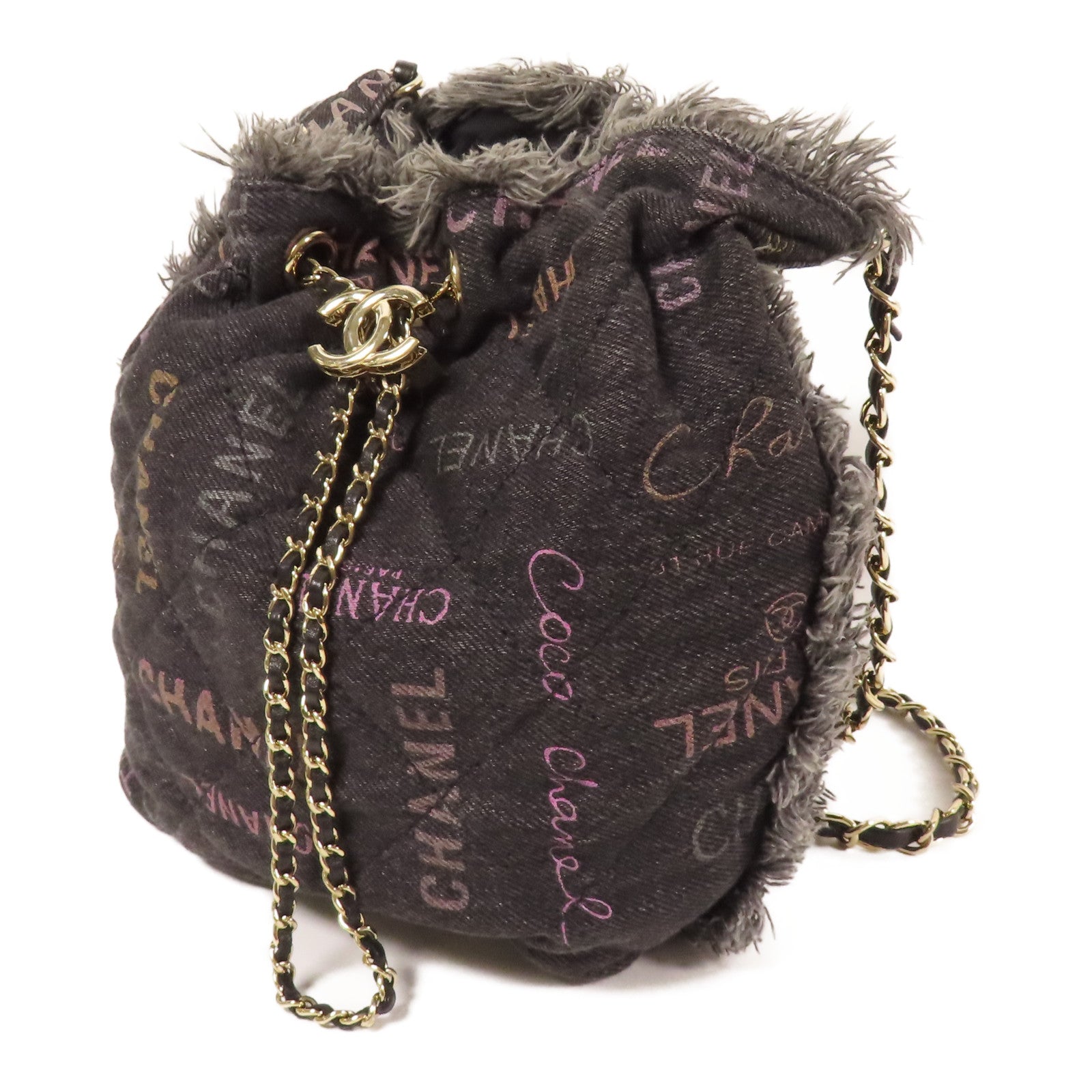 CHANEL 牛仔布Bucket Bag銀扣鏈帶肩背袋