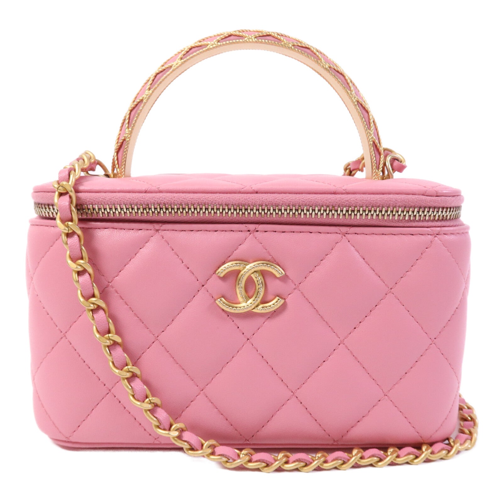 CHANEL 羊皮皮革Vanity Case With Top Handle金扣鏈帶肩背袋