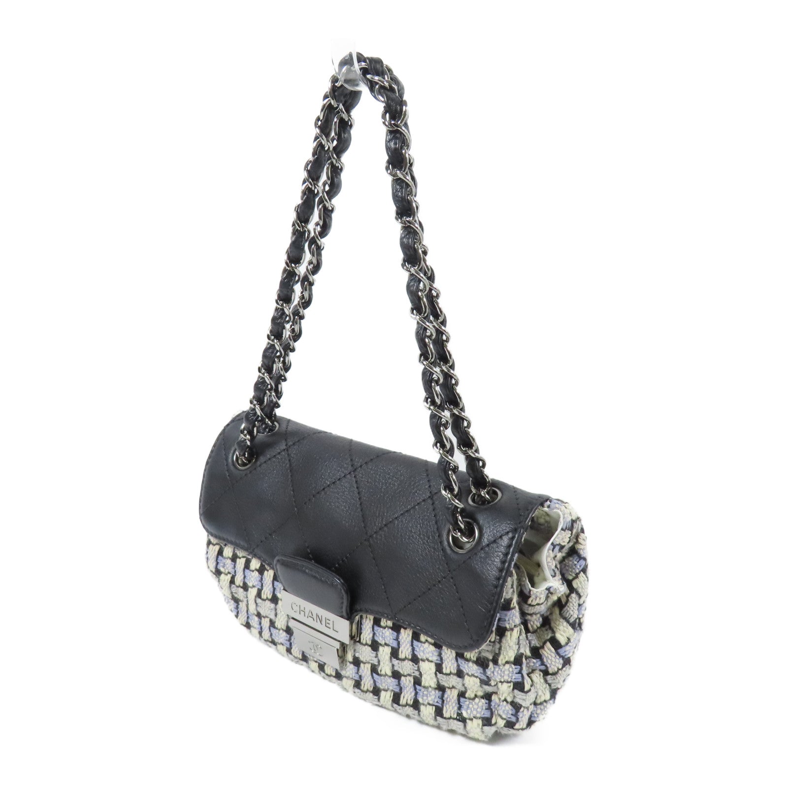 CHANEL Tweed/皮革Chain Shoulder Bag銀扣鏈帶肩背袋