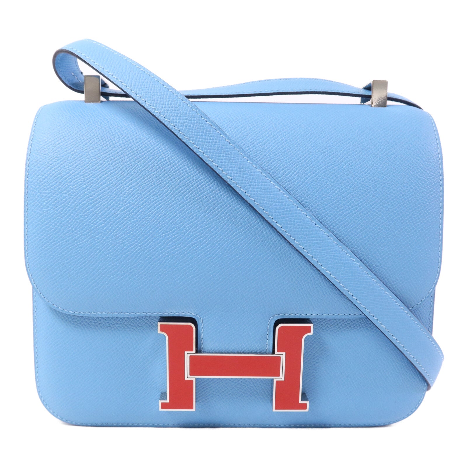 HERMES Epsom皮革Constance 24銀扣肩背袋Bleu du Nord/Rouge de Coeur