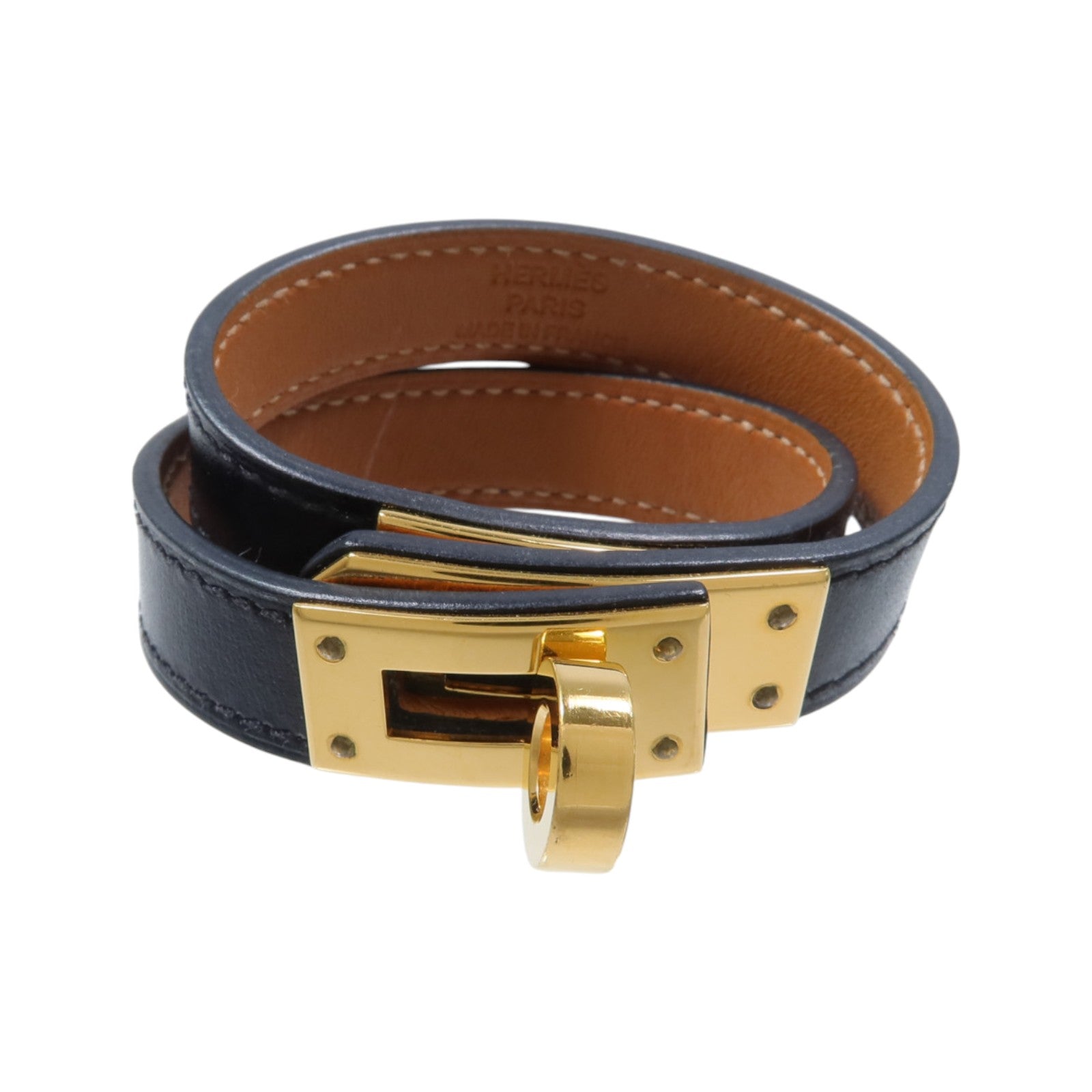HERMES Box Calf皮革/金屬Kelly Double Tour手鏈Noir