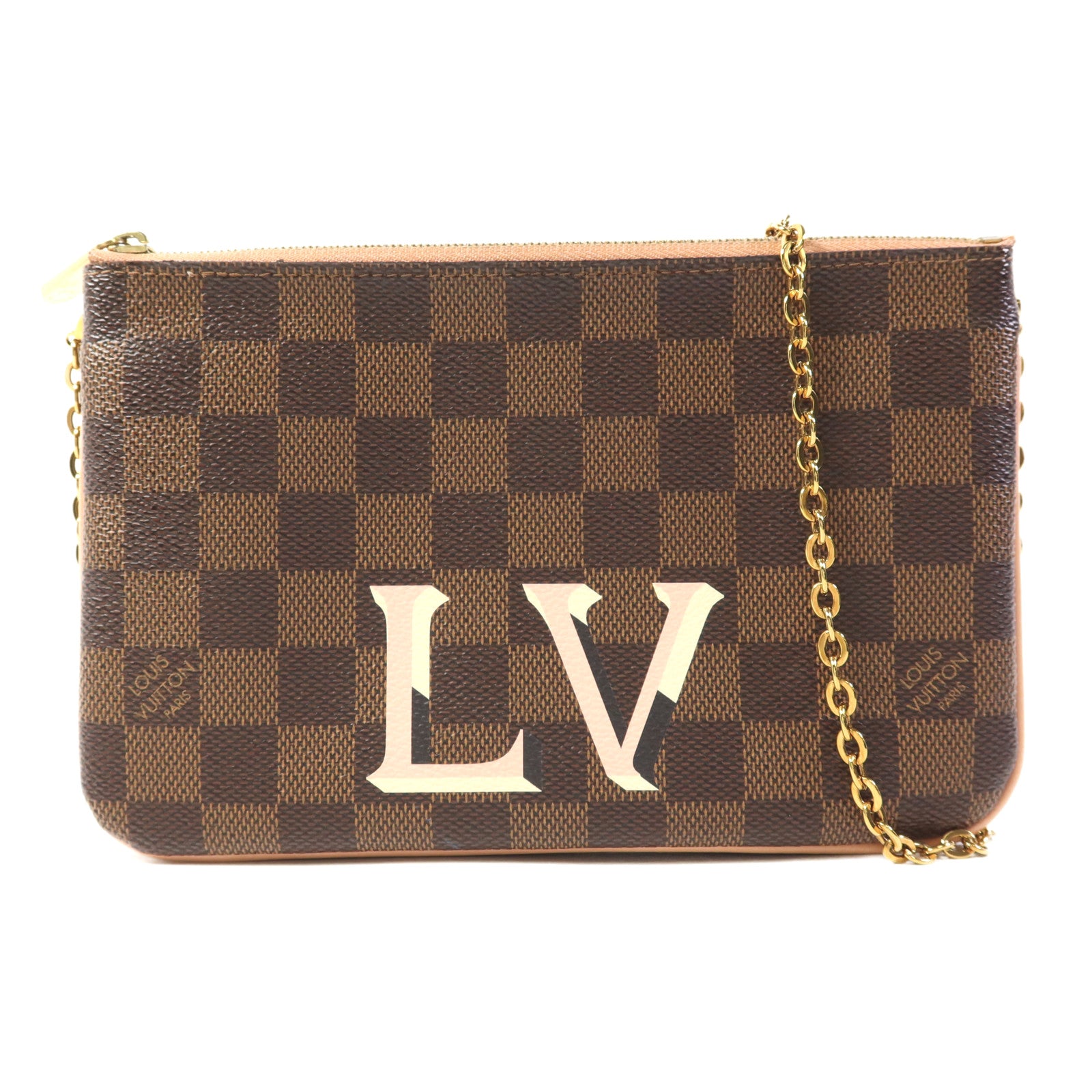 LOUIS VUITTON Damier Double Zip Pochette金扣鏈帶肩背袋