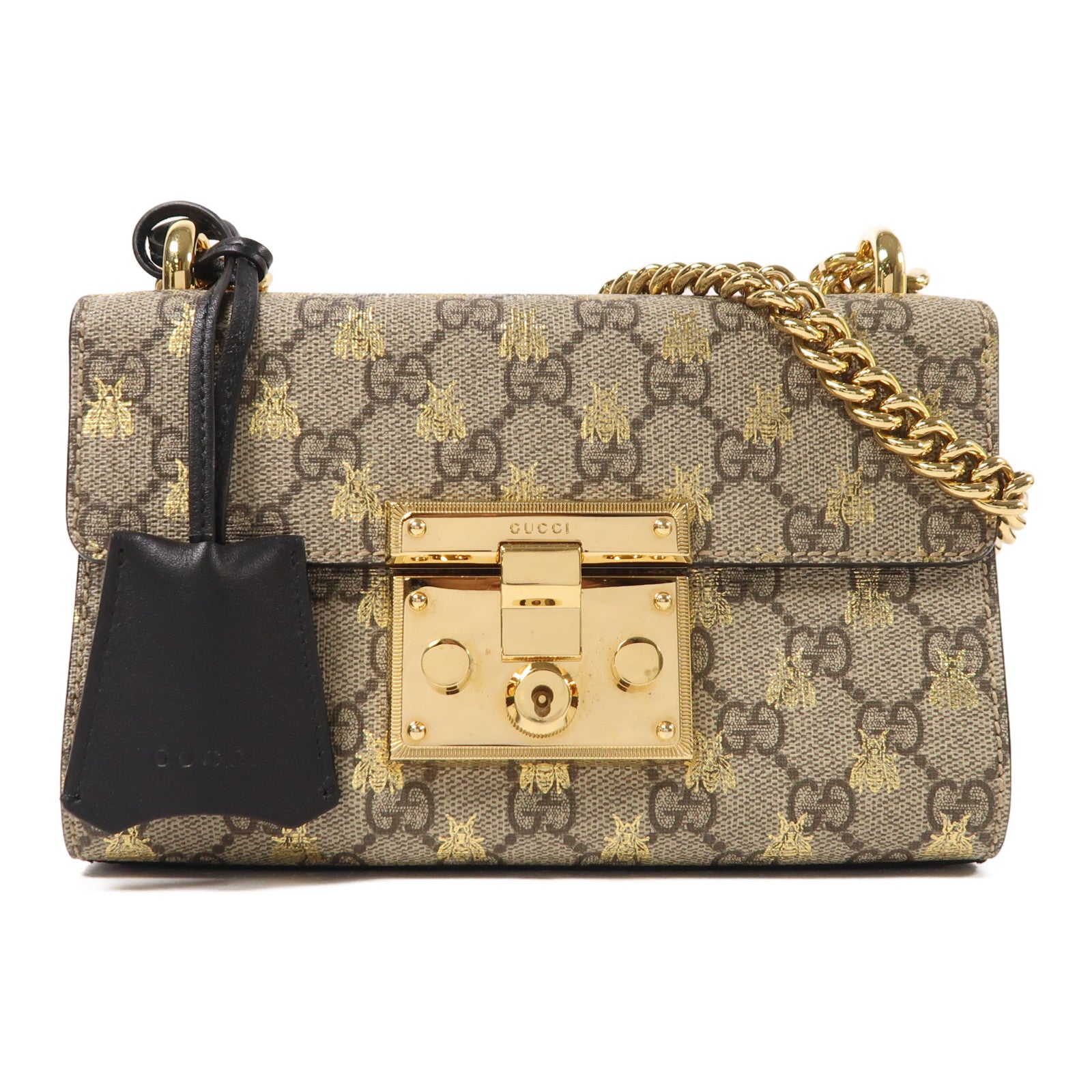 GUCCI 塗層帆布/牛皮皮革Padlock Small金扣鏈帶肩背袋