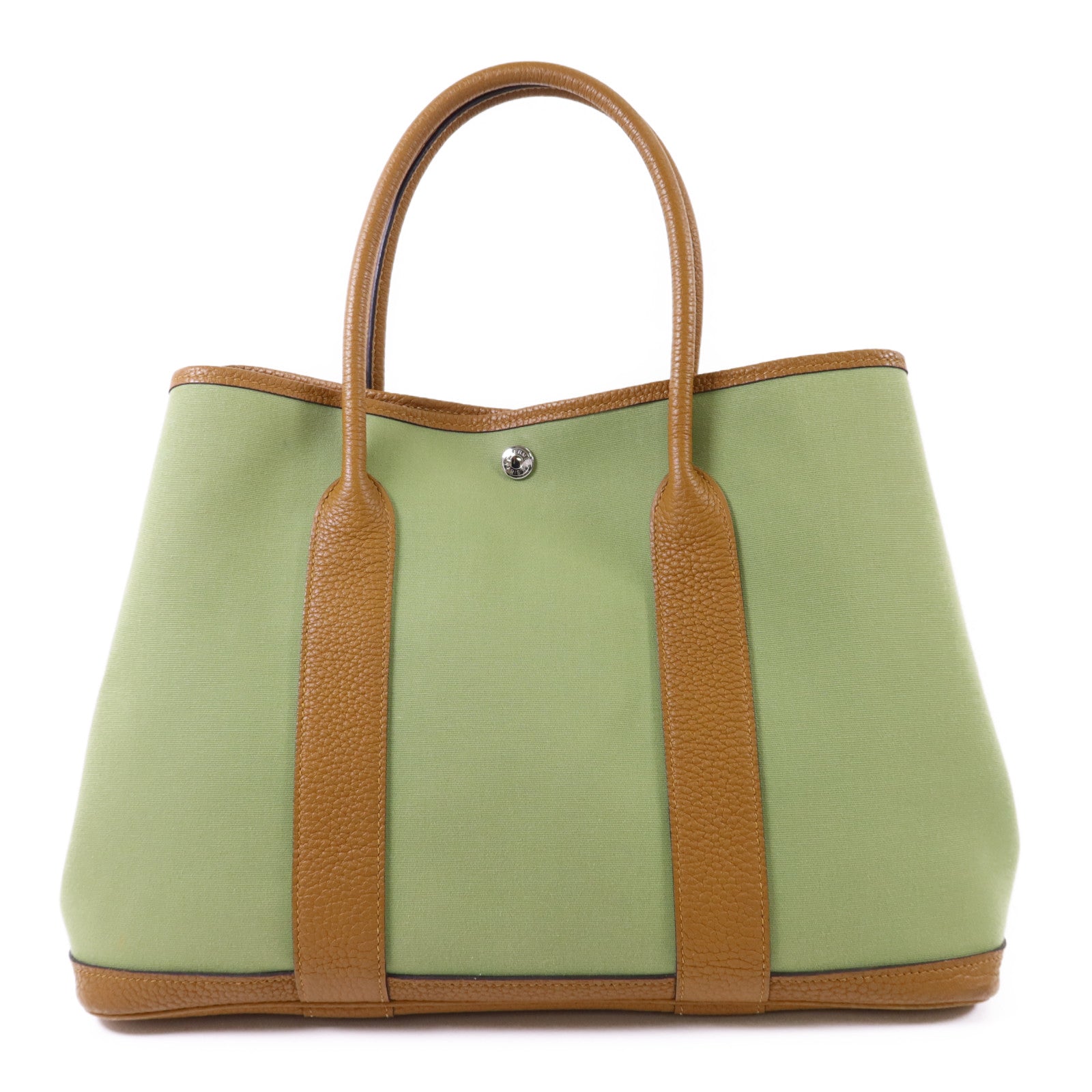 HERMES Negonda皮革/帆布Garden Party PM銀扣手挽袋Vert Criquet/Ocre