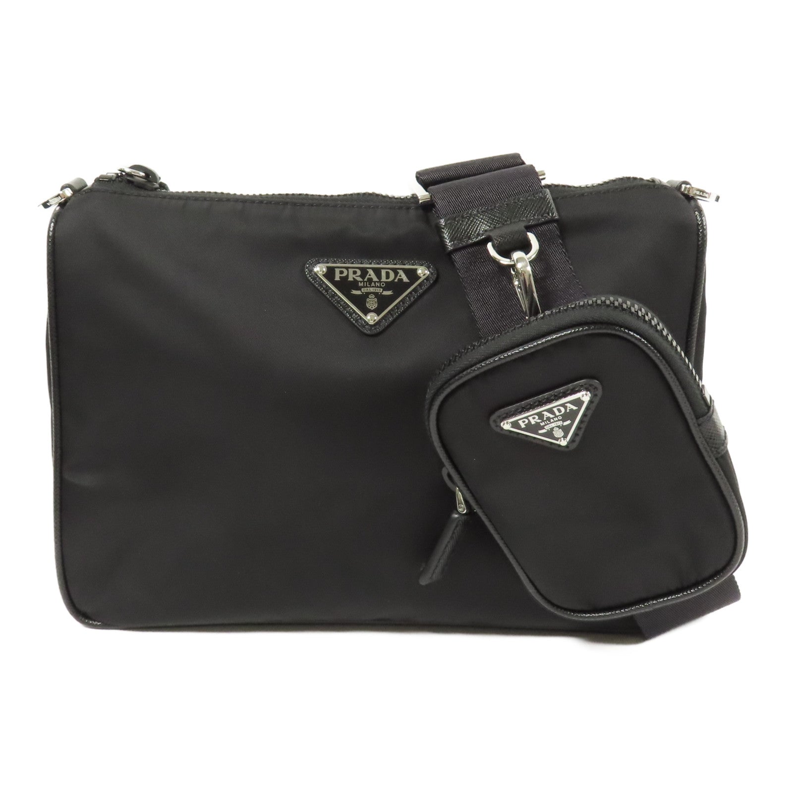 PRADA 尼龍/Saffiano皮革Re-Nylon and Saffiano Shoulder Bag銀扣肩背袋