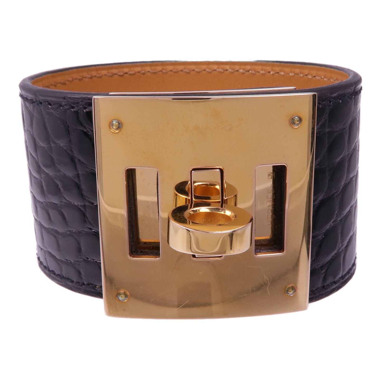 HERMES Alligator皮革Kelly Dog Bracelet金扣手帶Noir