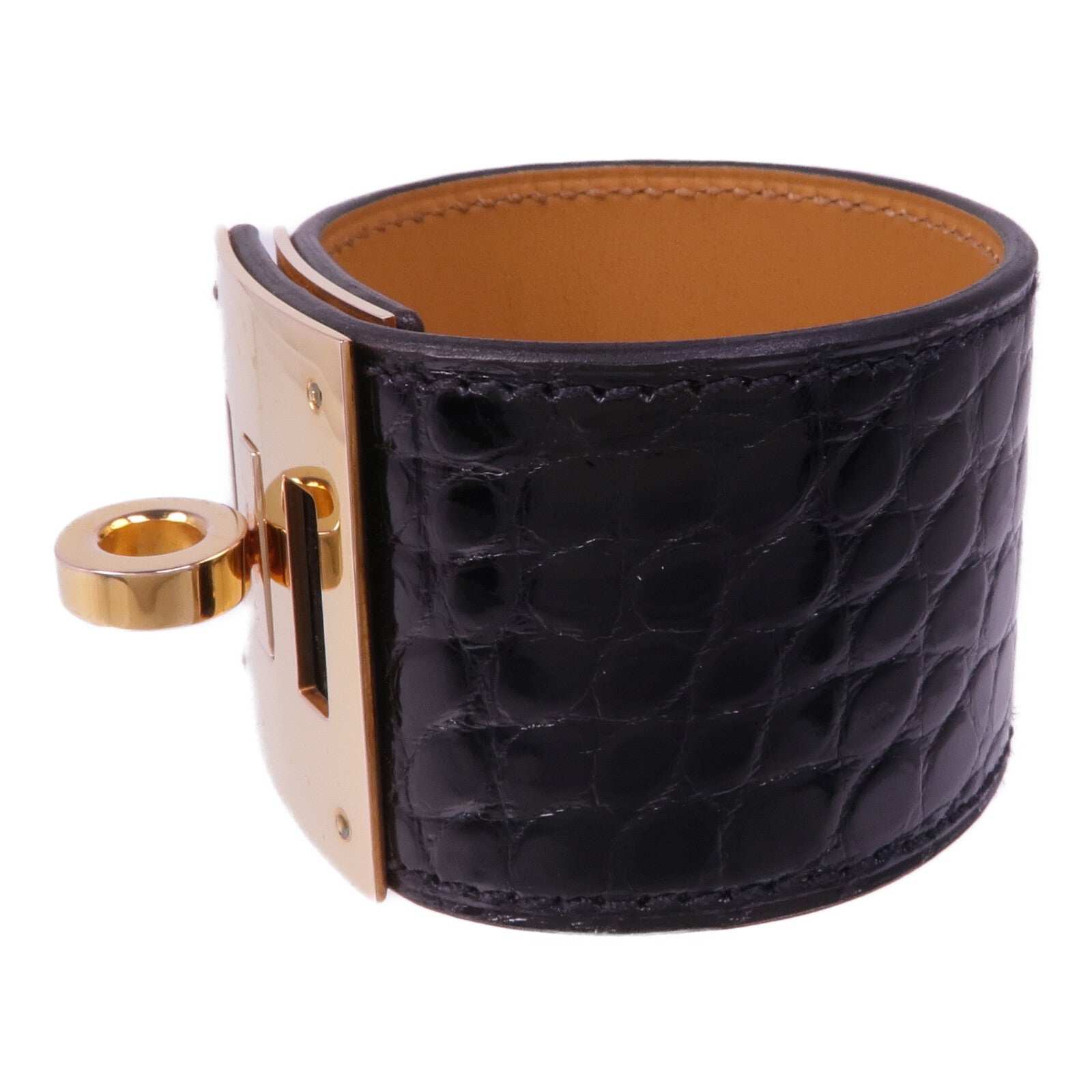HERMES Alligator皮革Kelly Dog Bracelet金扣手帶Noir