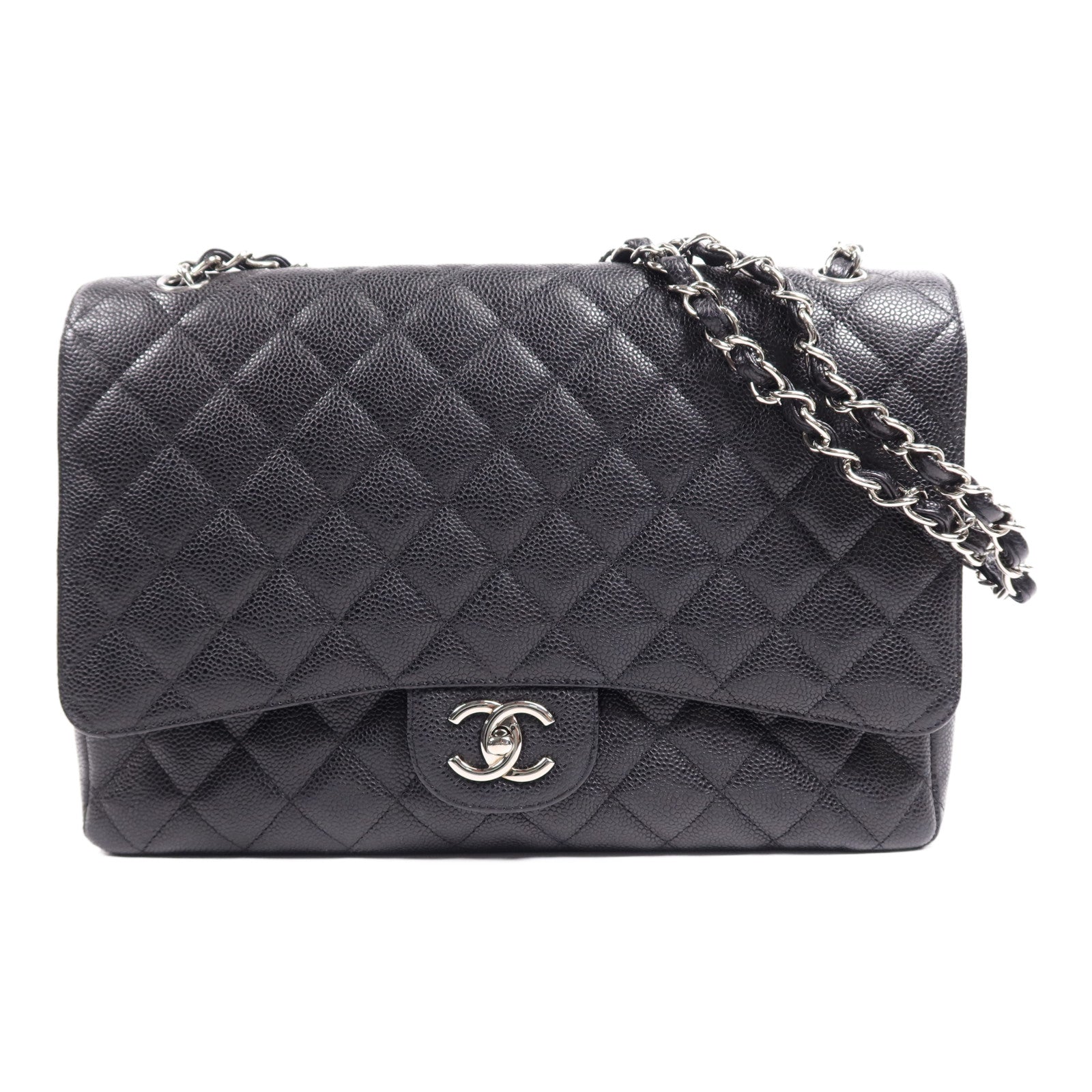 CHANEL 牛皮皮革Maxi Classic銀扣鏈帶肩背袋