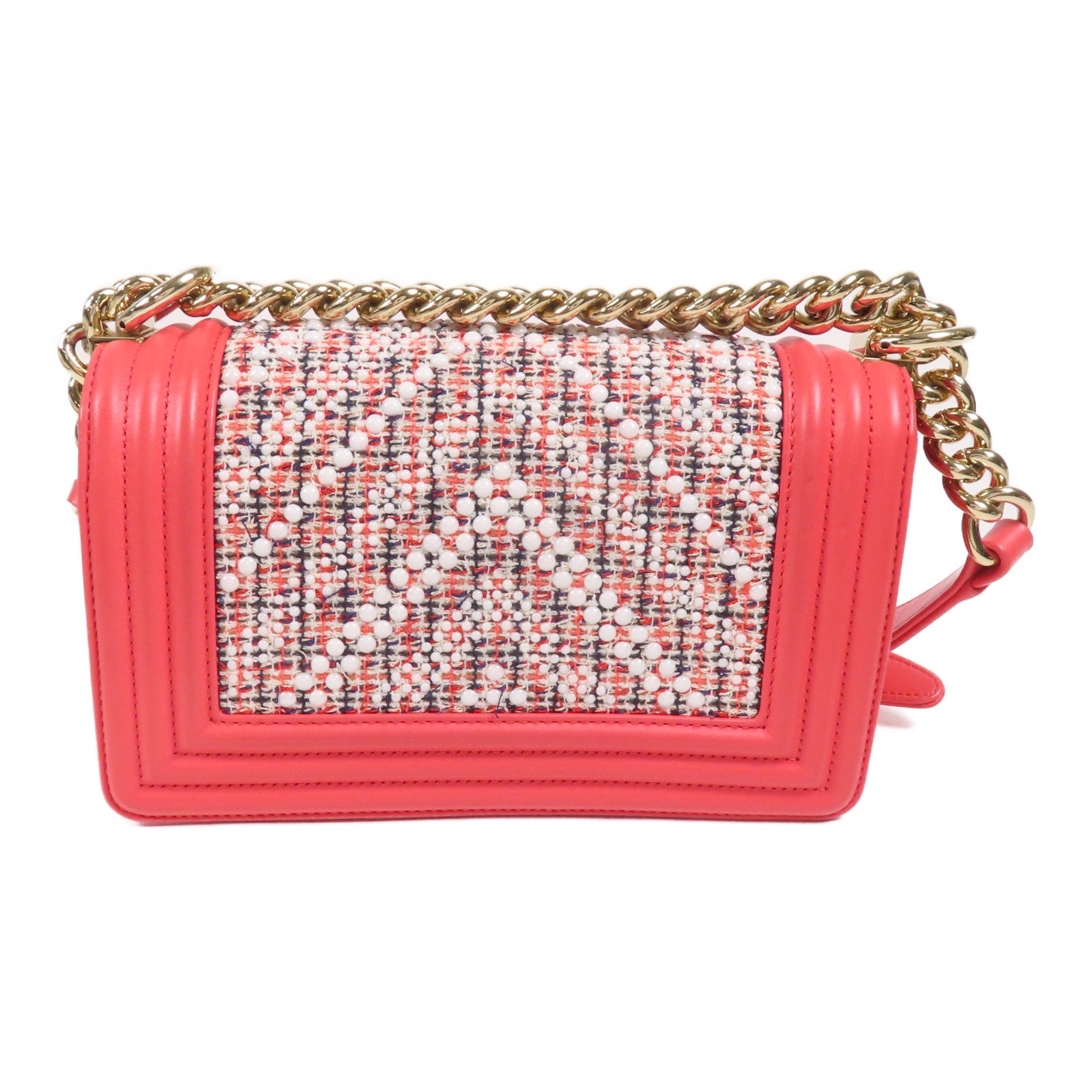 CHANEL Tweed/羊皮皮革Boy 20金扣鏈帶肩背袋