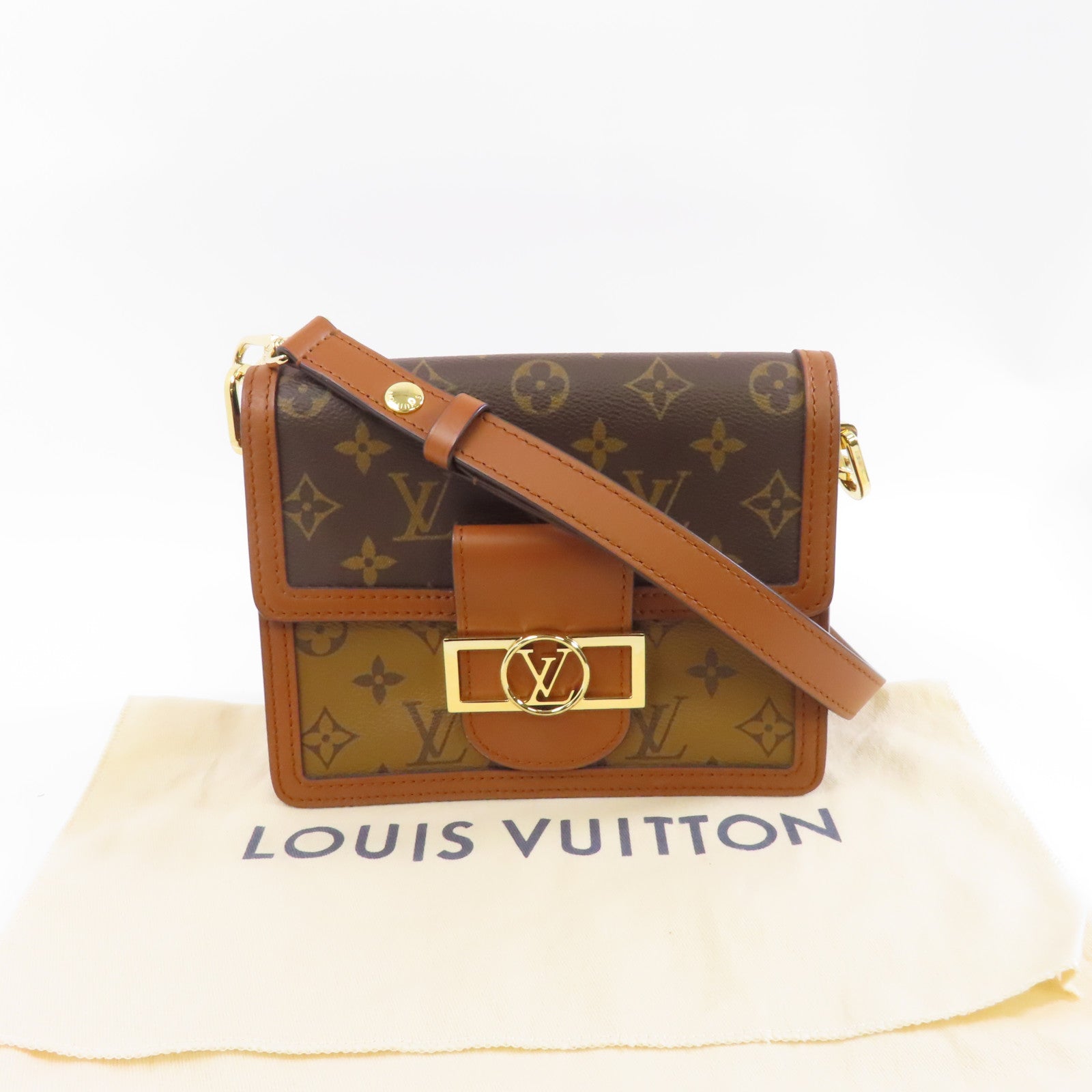 LOUIS VUITTON 【激減優惠】Monogram/Monogram Reverse Mini Dauphine金扣鏈帶肩背袋啡色