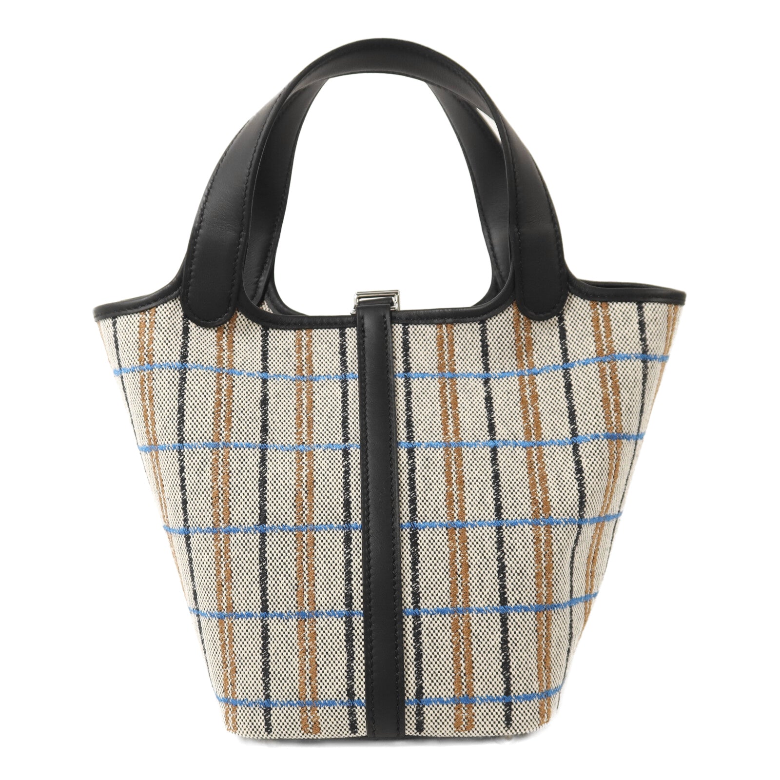 HERMES 帆布/Swift皮革Picotin PM銀扣手挽袋Ecru/Black/Fauve