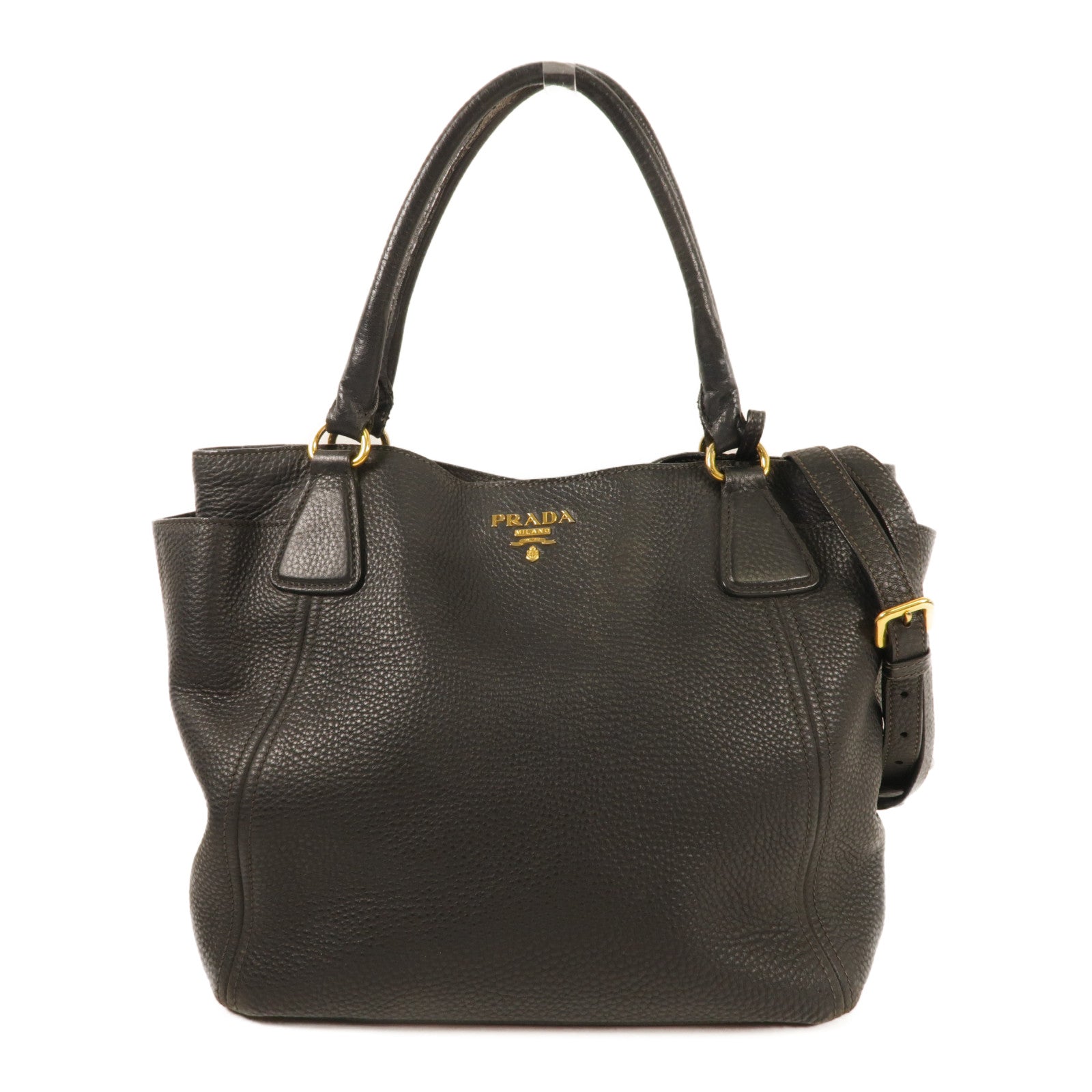 PRADA Side Pocket Tote Bag Handbag 2 Way Shoulder Bag Calfskin Leather Black