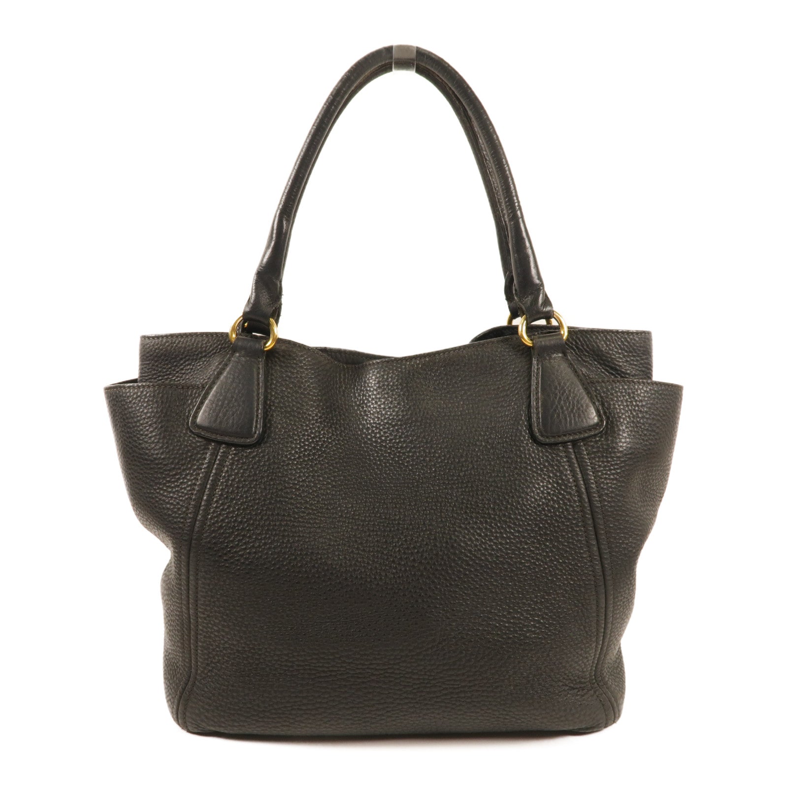 PRADA Side Pocket Tote Bag Handbag 2 Way Shoulder Bag Calfskin Leather Black