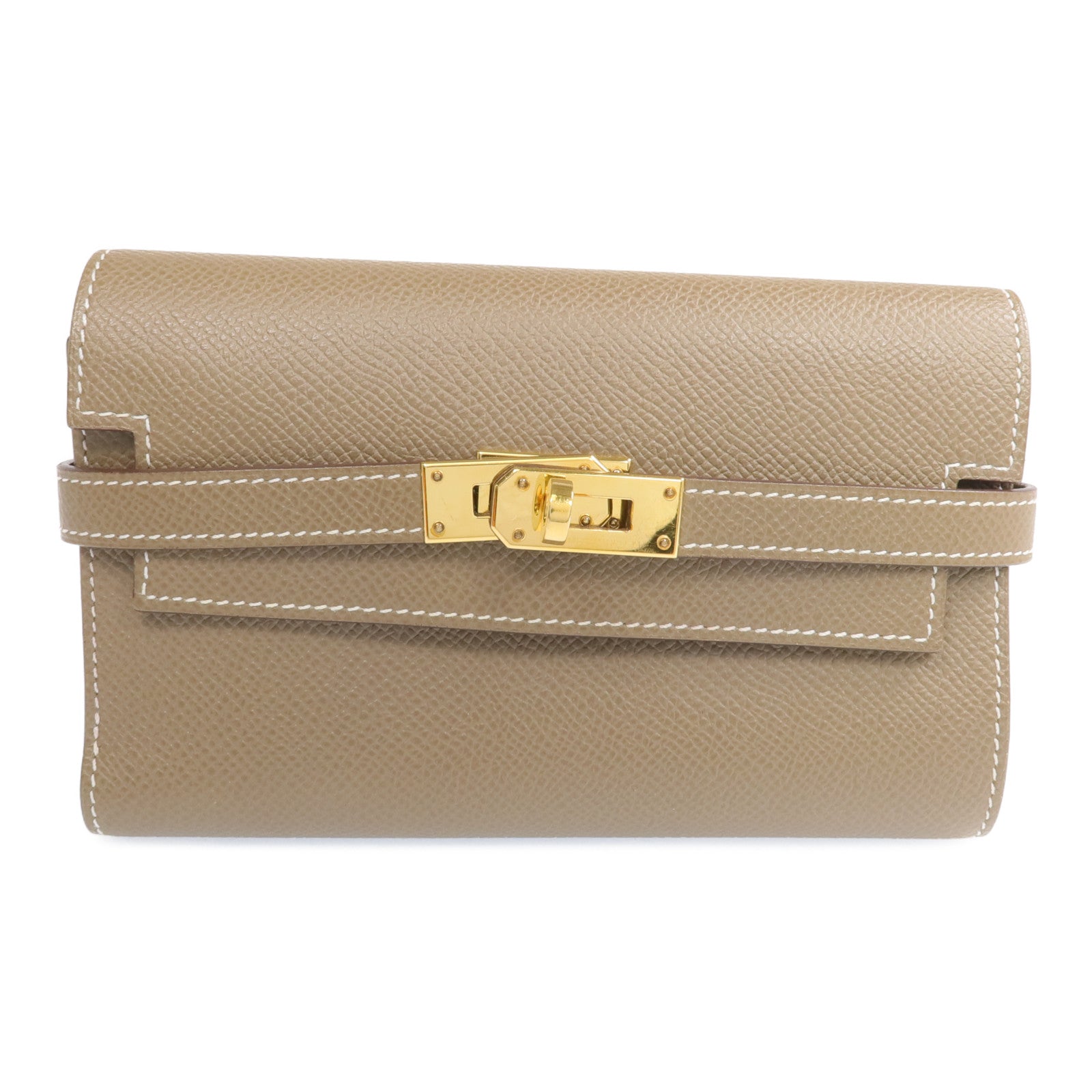 HERMES 【激減優惠】Epsom皮革Kelly Short Wallet金扣長錢包Etoupe
