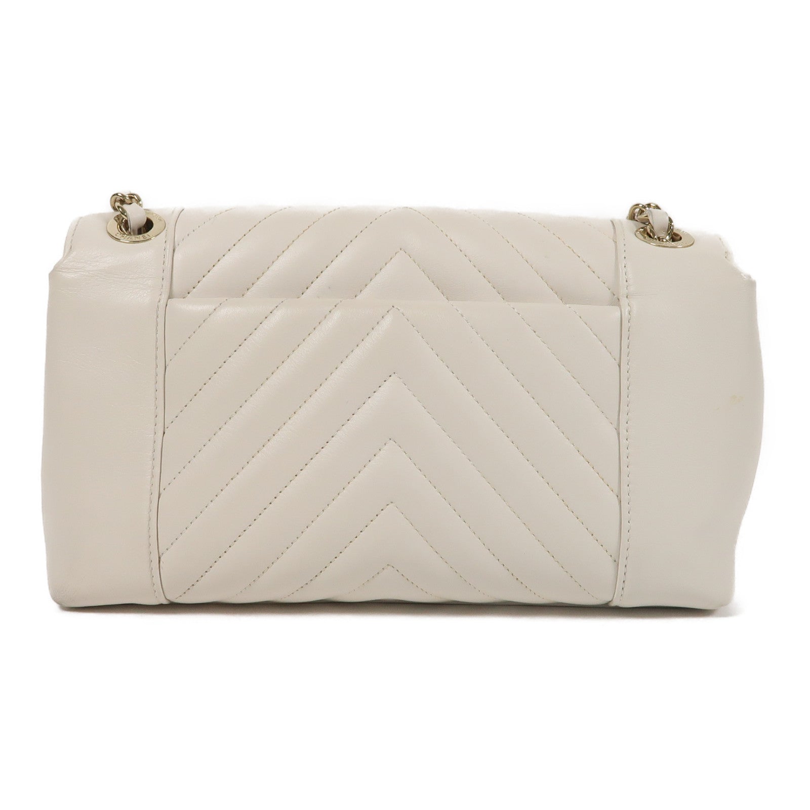 CHANEL Herringbone CC GHW Chain Shoulder Bag Calfskin Leather White
