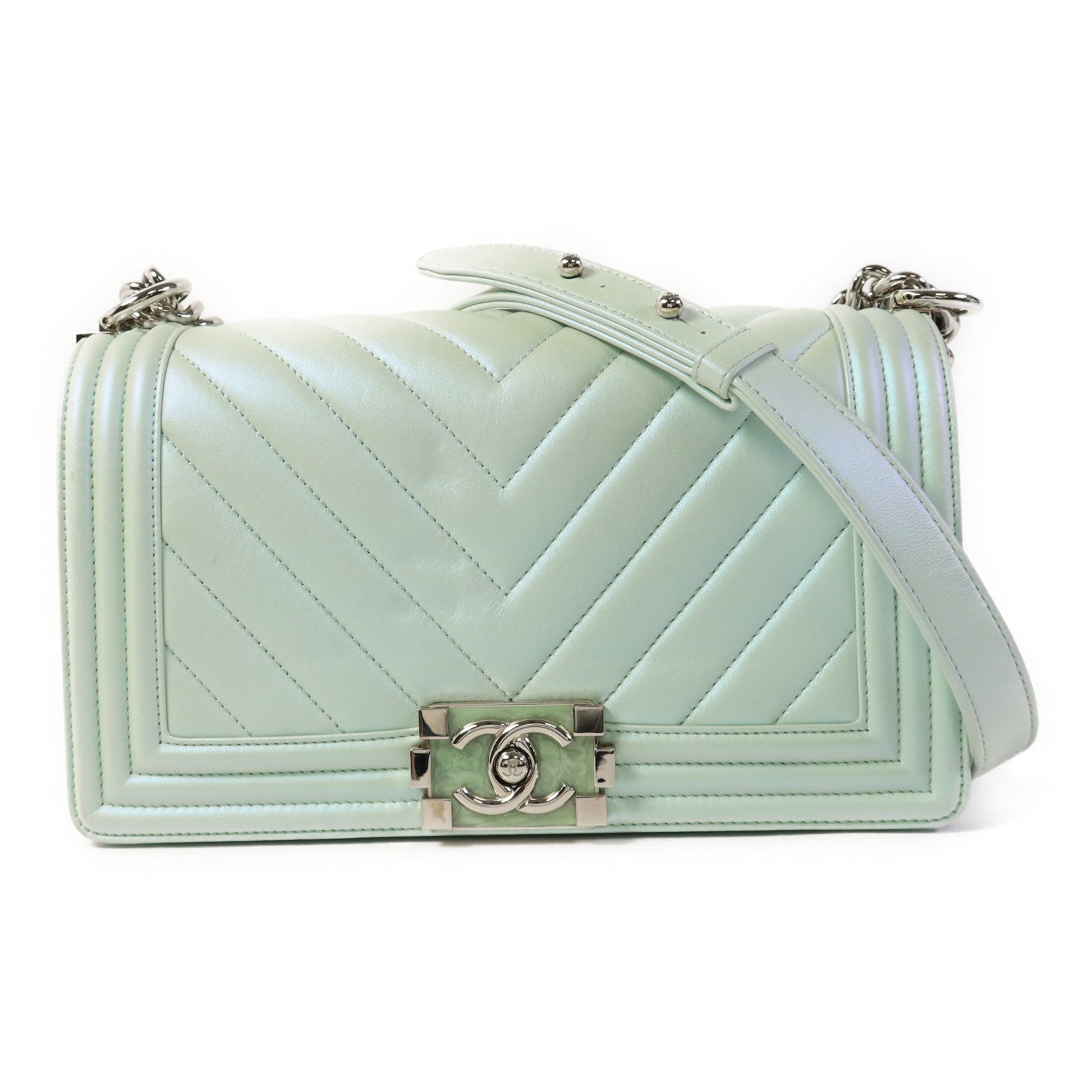 CHANEL 牛皮皮革Boy 25銀扣鏈帶肩背袋